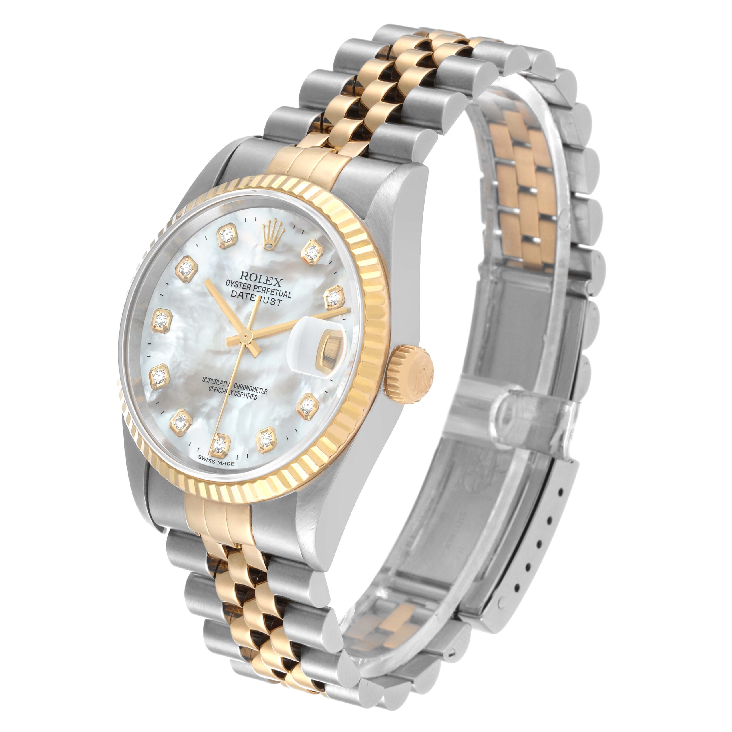 Rolex Datejust Steel Yellow Gold Mother of Pearl Diamond Dial Mens Watch 16233