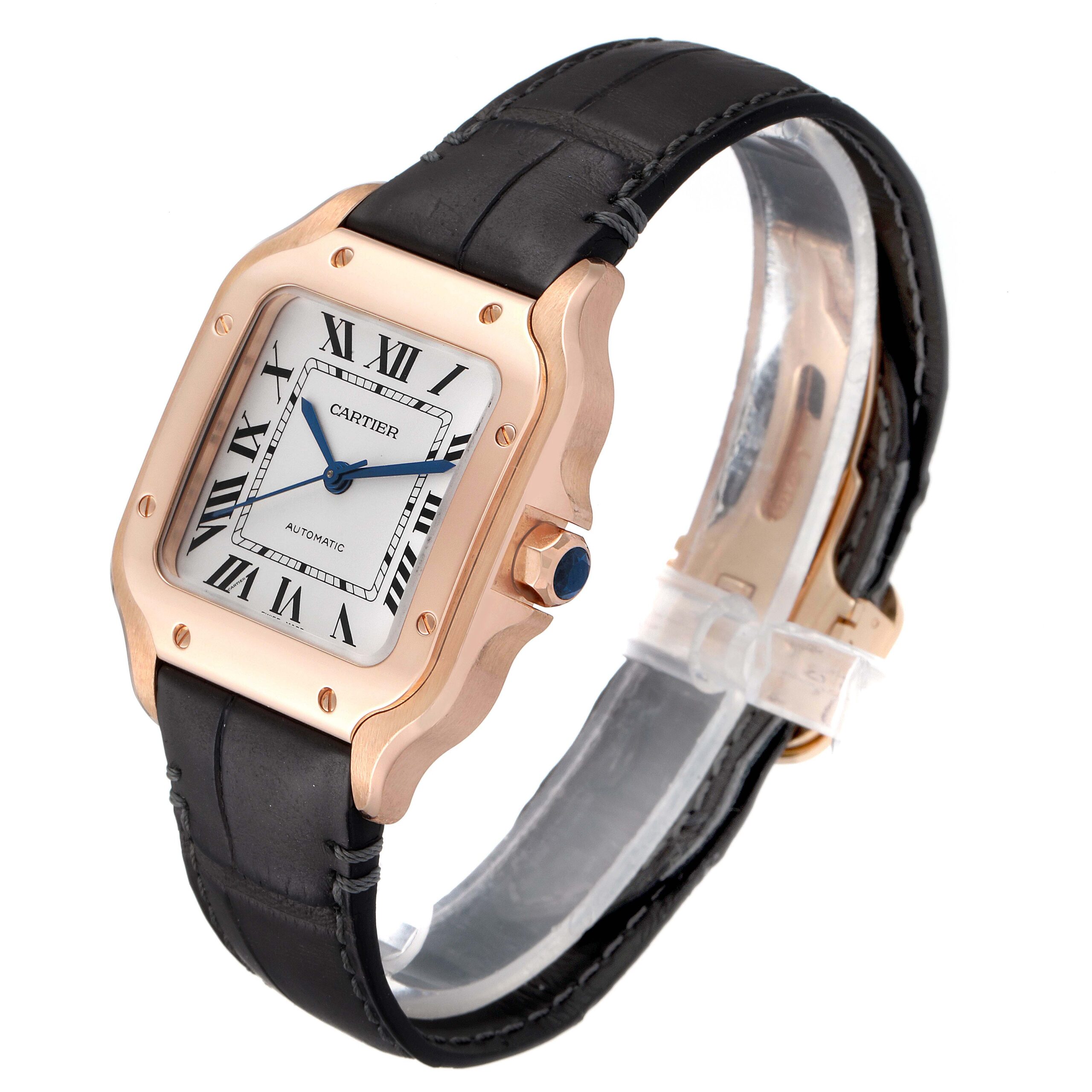 Cartier Santos Midsize Rose Gold Grey Strap Mens Watch WGSA0012 Box Card
