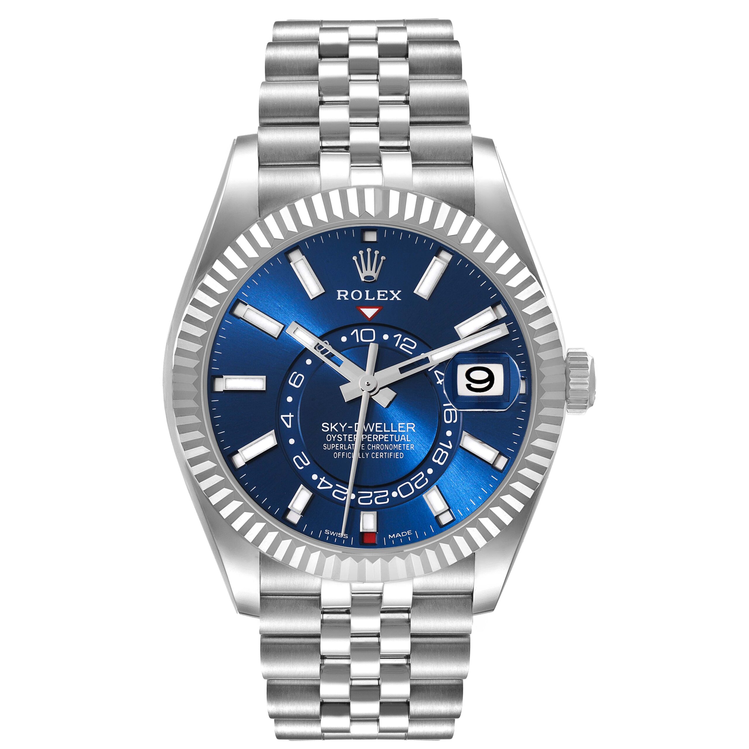 Rolex Sky-Dweller Blue Dial Steel White Gold Mens Watch 326934 Box Card