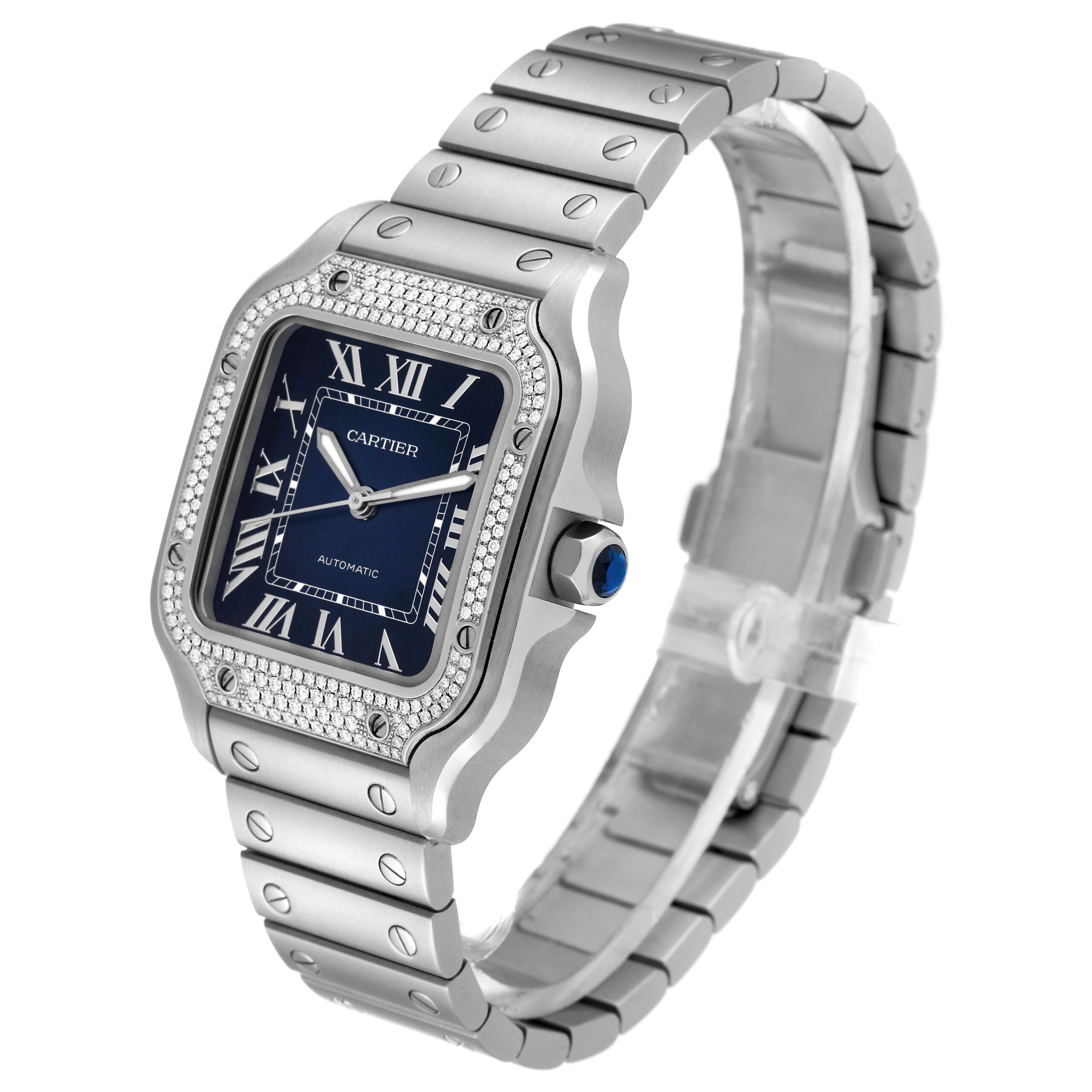 Cartier Santos Stainless Steel Diamond Blue Dial Mens Watch W4SA0006 Unworn