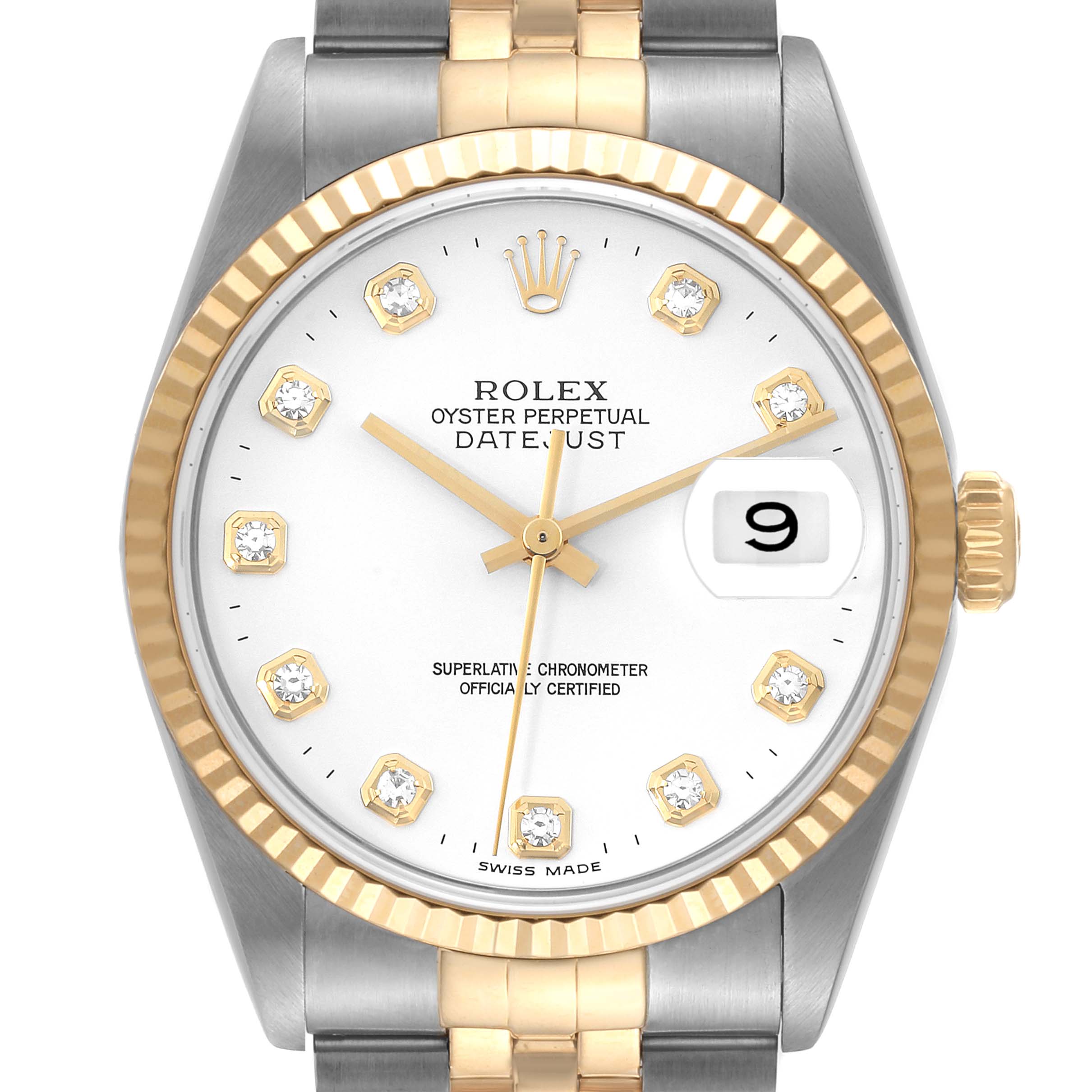 Rolex Datejust Steel Yellow Gold White Diamond Dial Mens Watch 16233