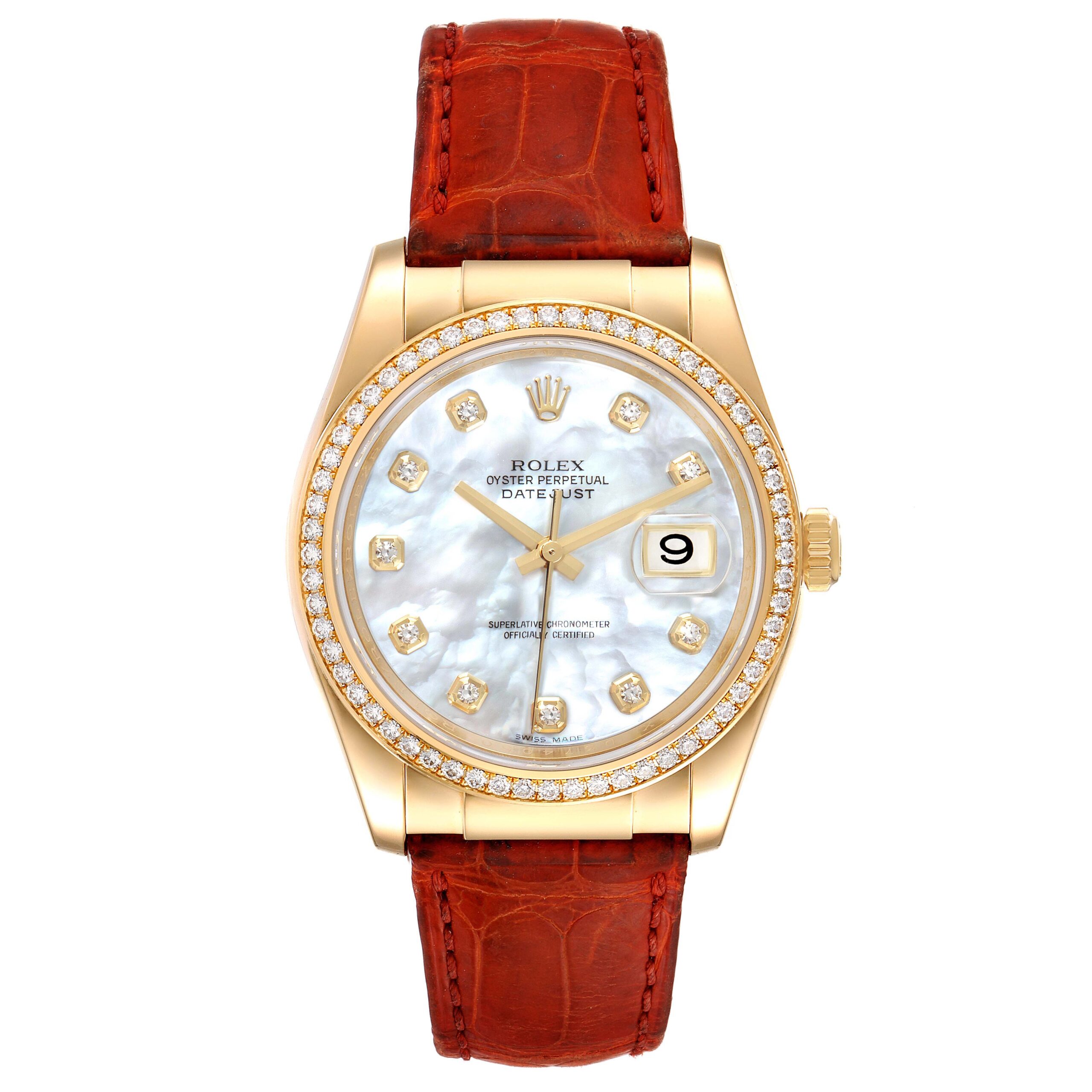 Rolex Datejust Yellow Gold Mother of Pearl Diamond Mens Watch 116188 Box Card