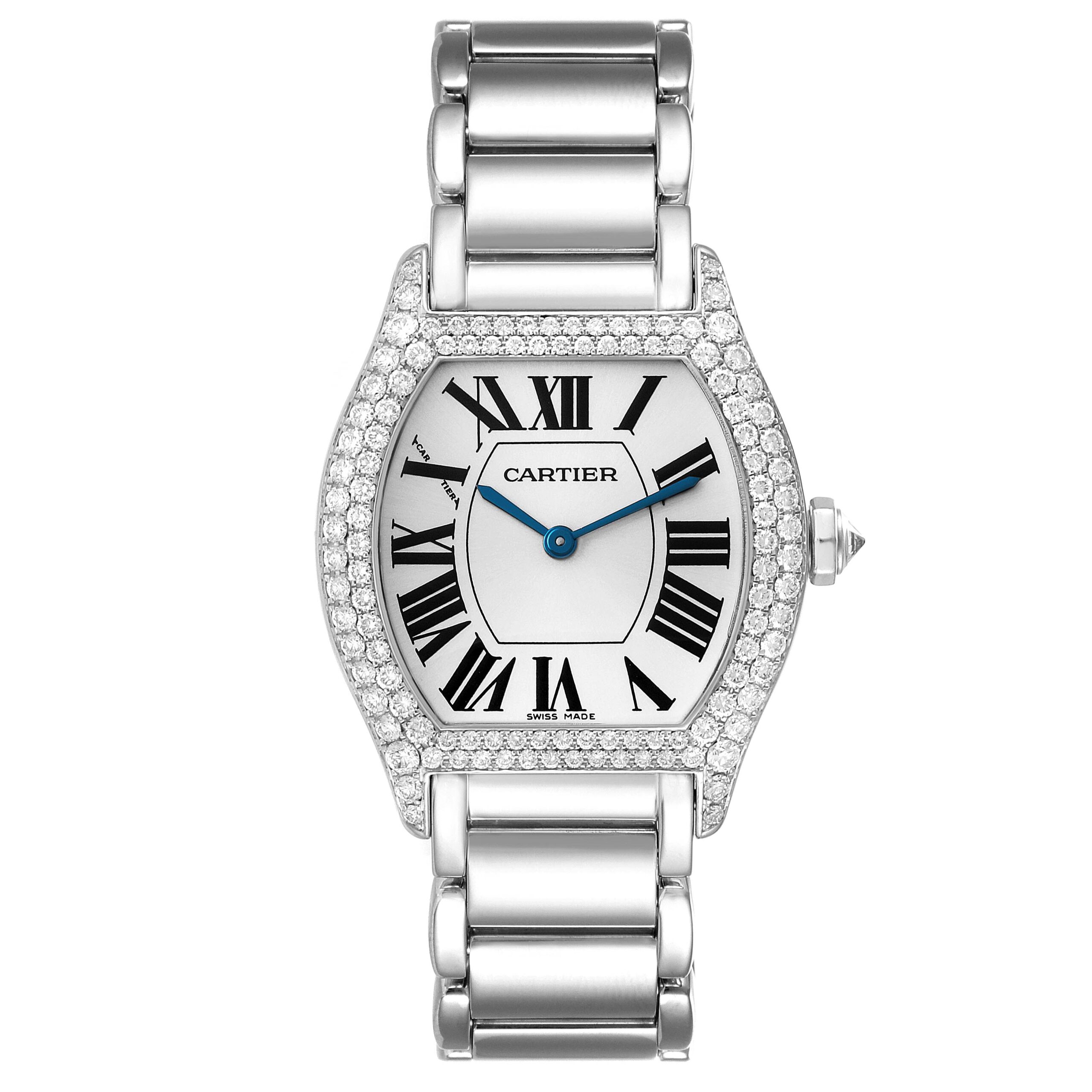Cartier Tortue Silver Dial 18k White Gold Diamond Ladies Watch WA5072W9