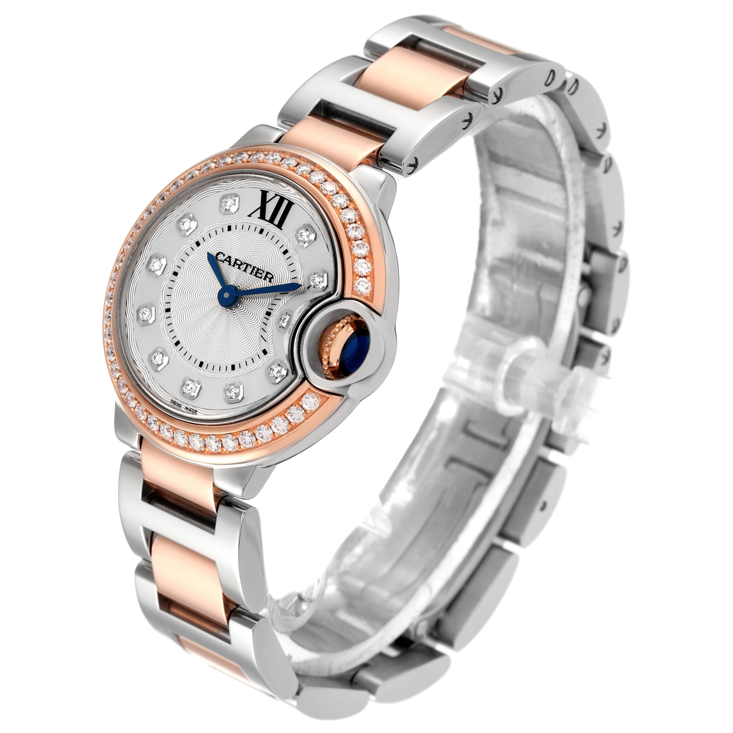 Cartier Ballon Bleu Steel Rose Gold Diamond Ladies Watch W3BB0009 Box Papers
