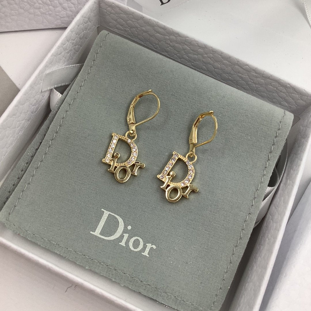 DIOR Fashion Rhinestone Letter Pendant Earrings