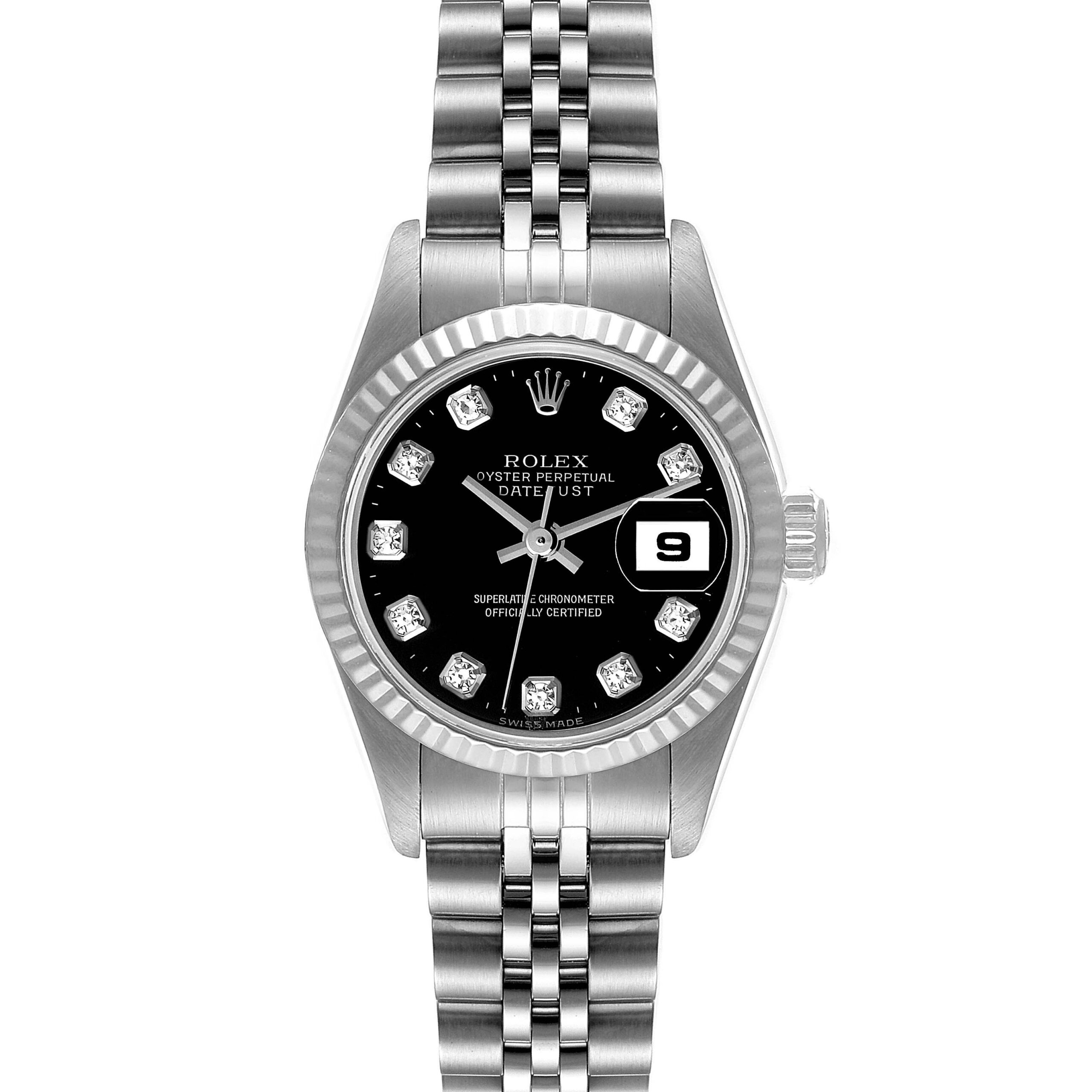 Rolex Datejust Steel White Gold Black Diamond Dial Ladies Watch 79174