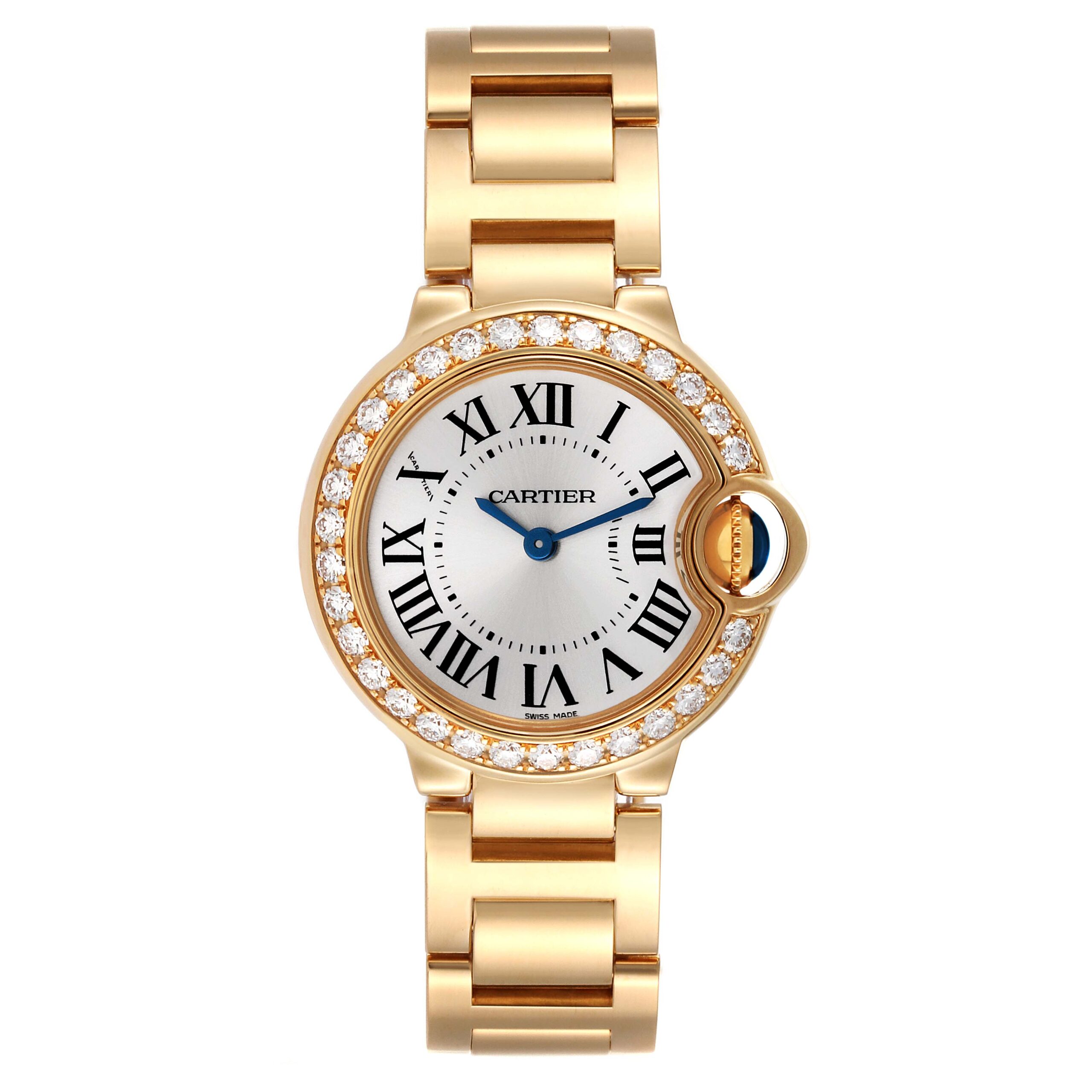 Cartier Ballon Bleu Yellow Gold Diamond Bezel Ladies Watch WE9001Z3 Box Papers