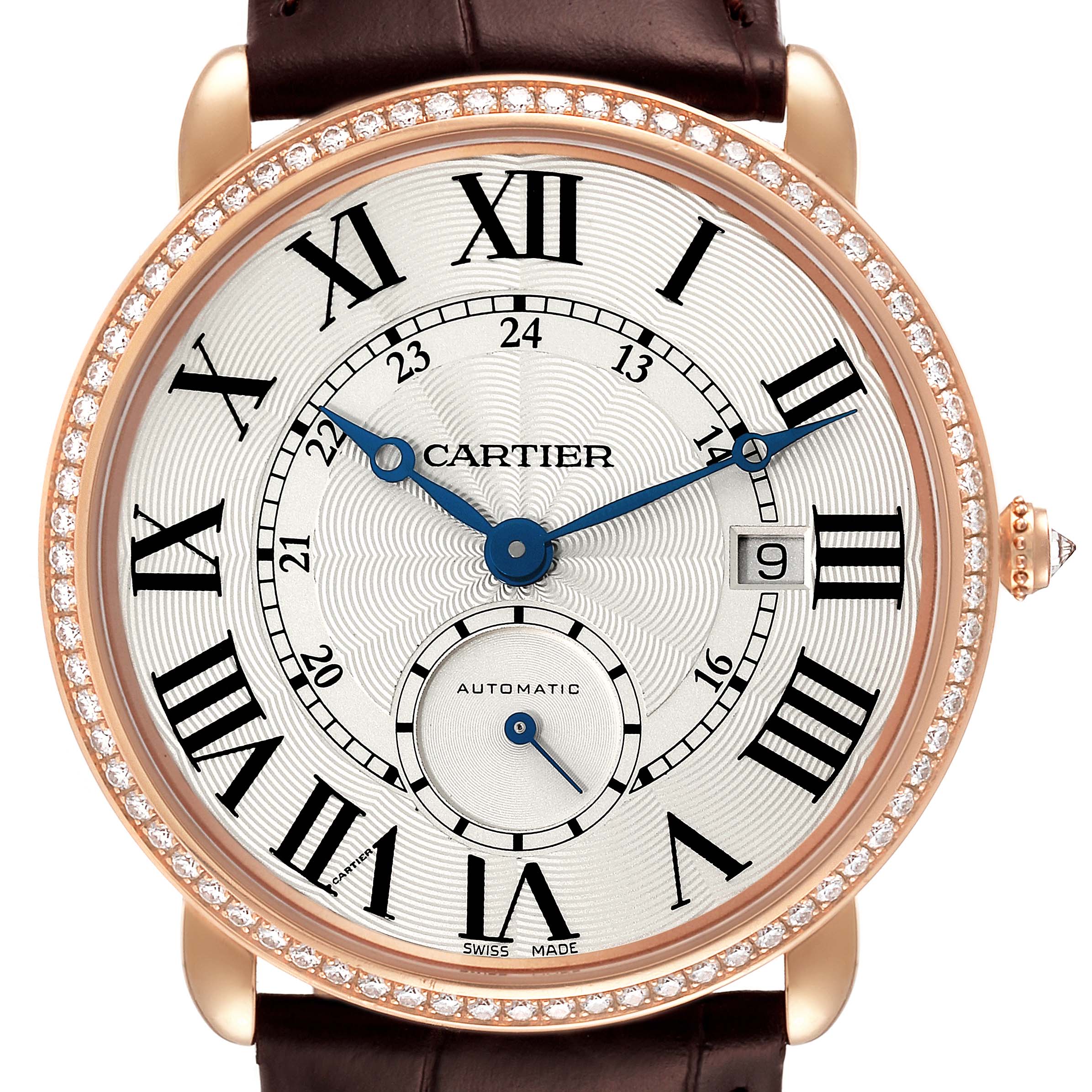 Cartier Ronde Louis Rose Gold Diamond Bezel Silver Dial Mens Watch WR007017