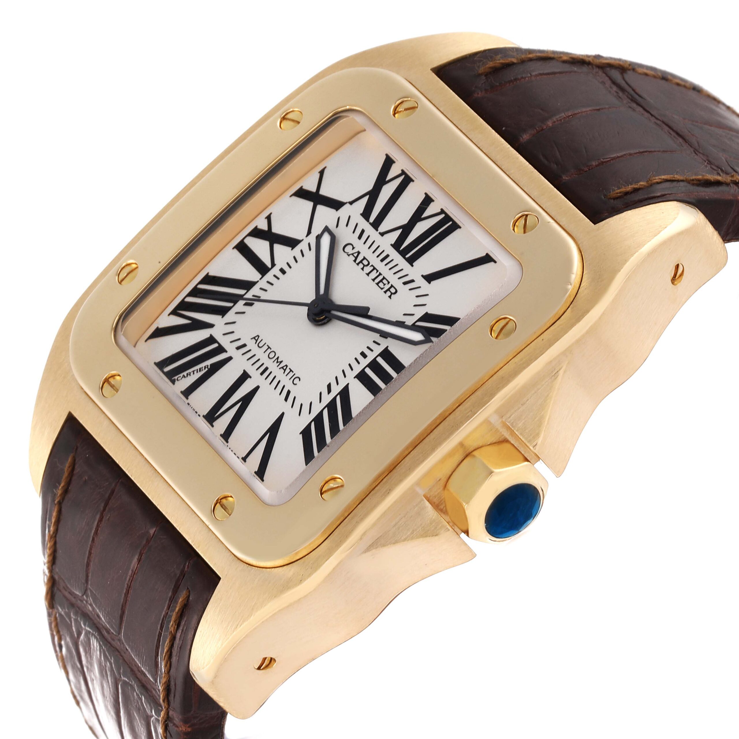 Cartier Santos 100 XL 18K Yellow Gold Brown Strap Mens Watch W20071Y1