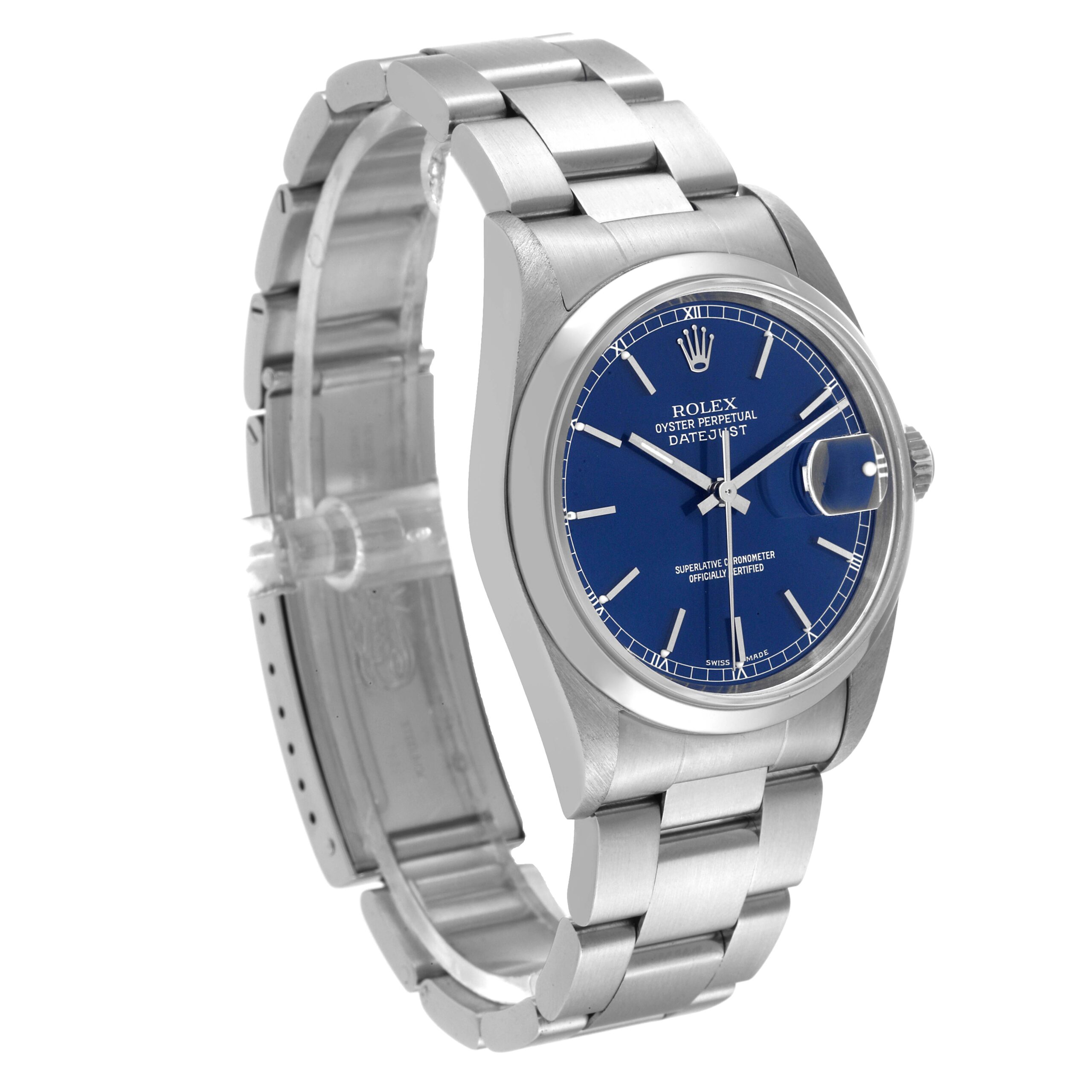 Rolex Datejust Blue Dial Smooth Bezel Steel Mens Watch 16200 Box Papers