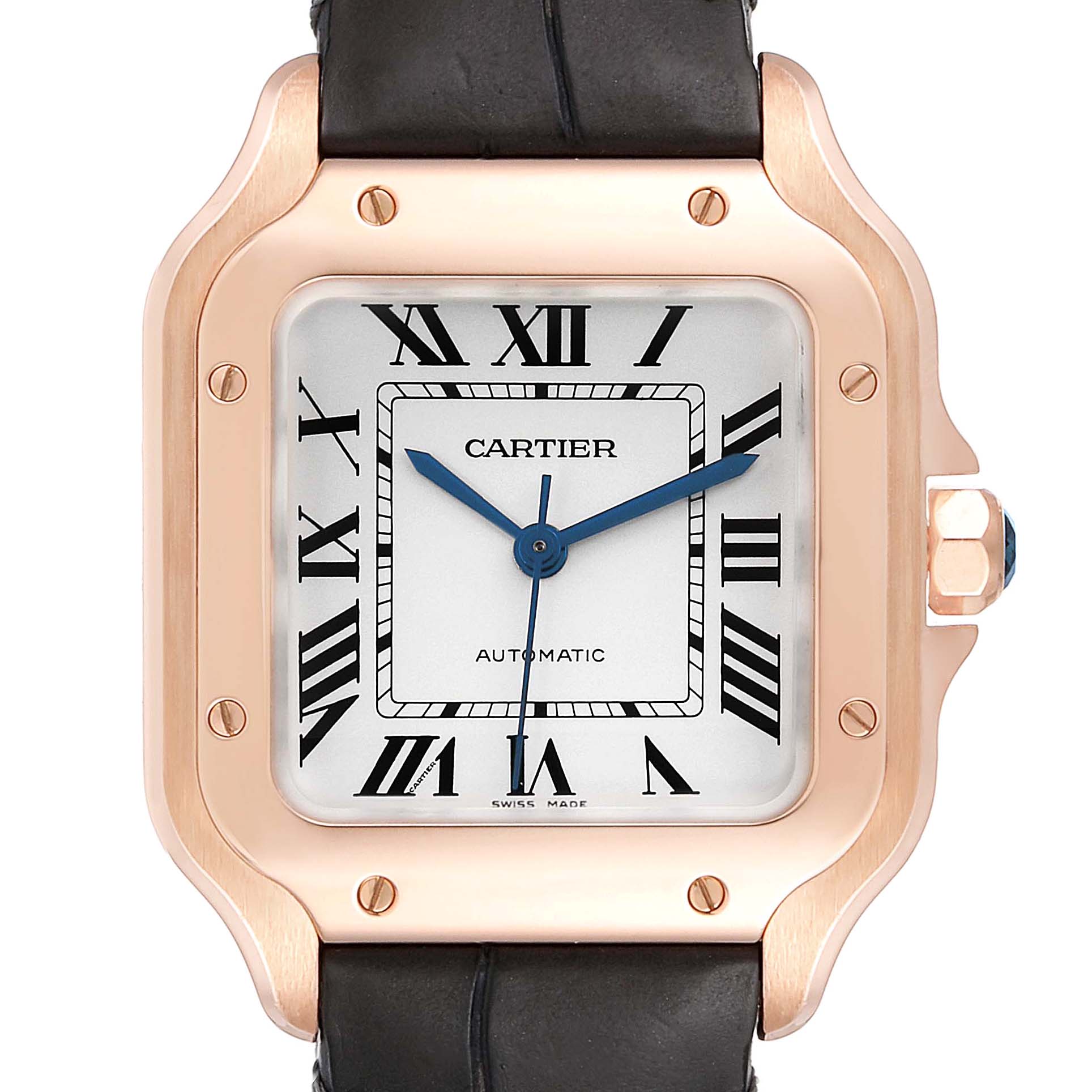 Cartier Santos Midsize Rose Gold Grey Strap Mens Watch WGSA0012 Box Card