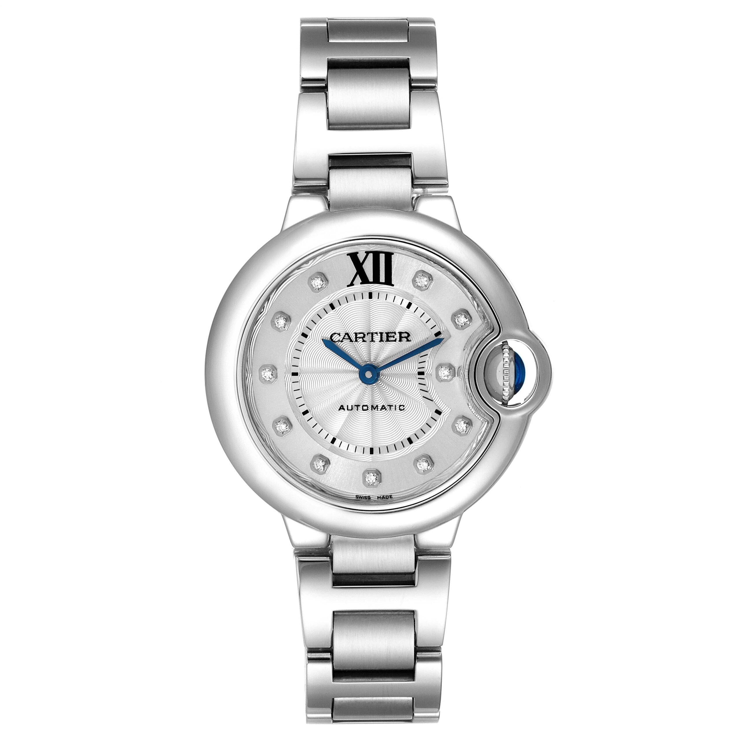 Cartier Ballon Bleu 33 Diamond Dial Steel Ladies Watch WE902074 Box Papers
