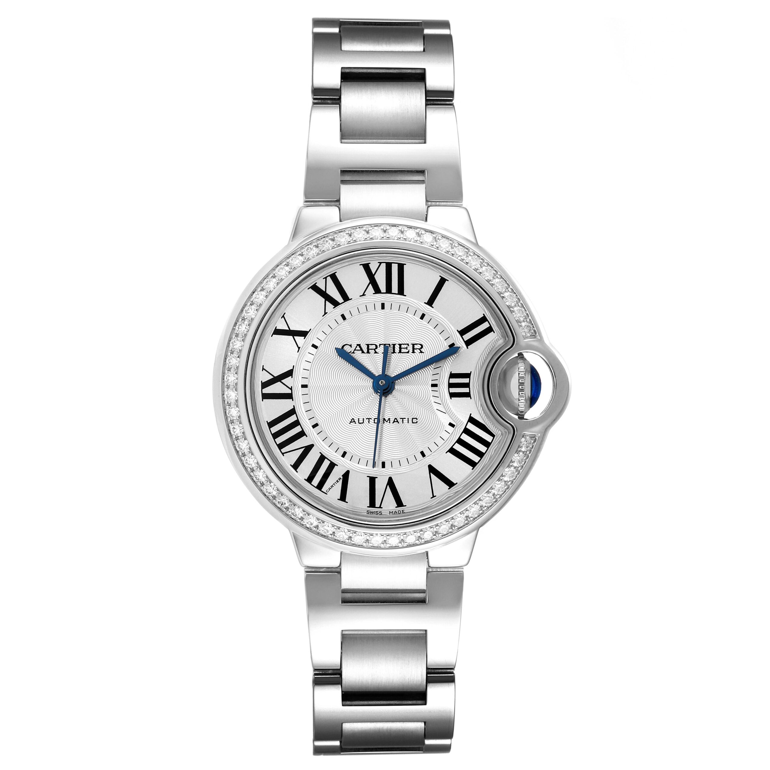 Cartier Ballon Bleu 33mm Steel Diamond Bezel Ladies Watch W4BB0016