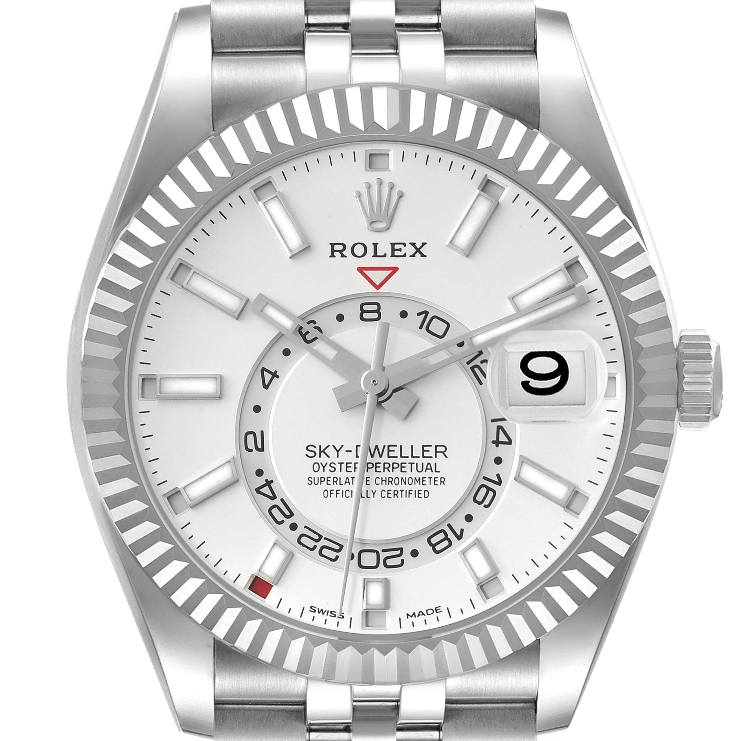 Rolex Sky-Dweller Silver Dial Steel White Gold Mens Watch 326934 Box Card