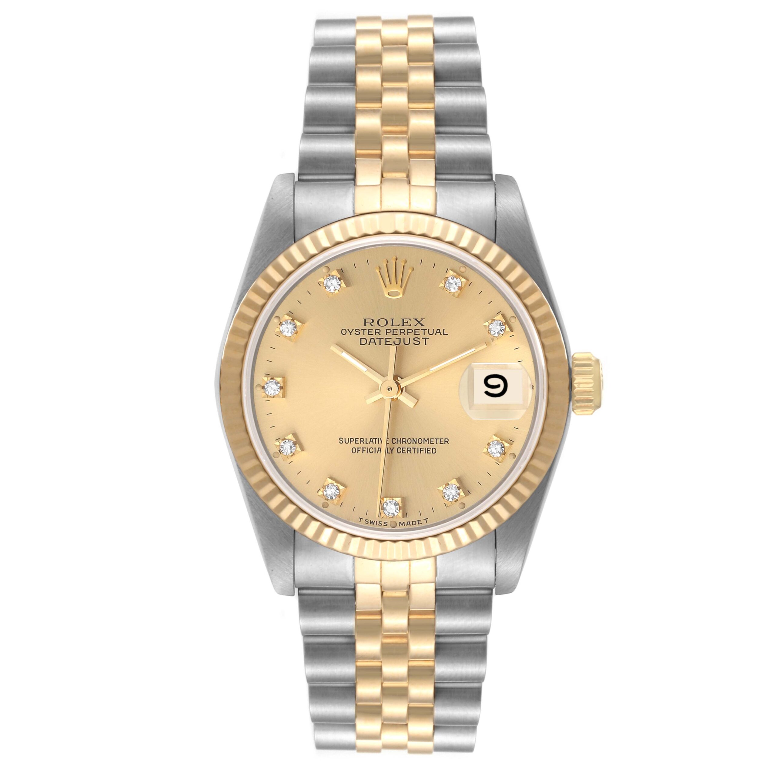 Rolex Datejust Midsize Steel Yellow Gold Diamond Dial Watch 68273 Box Papers