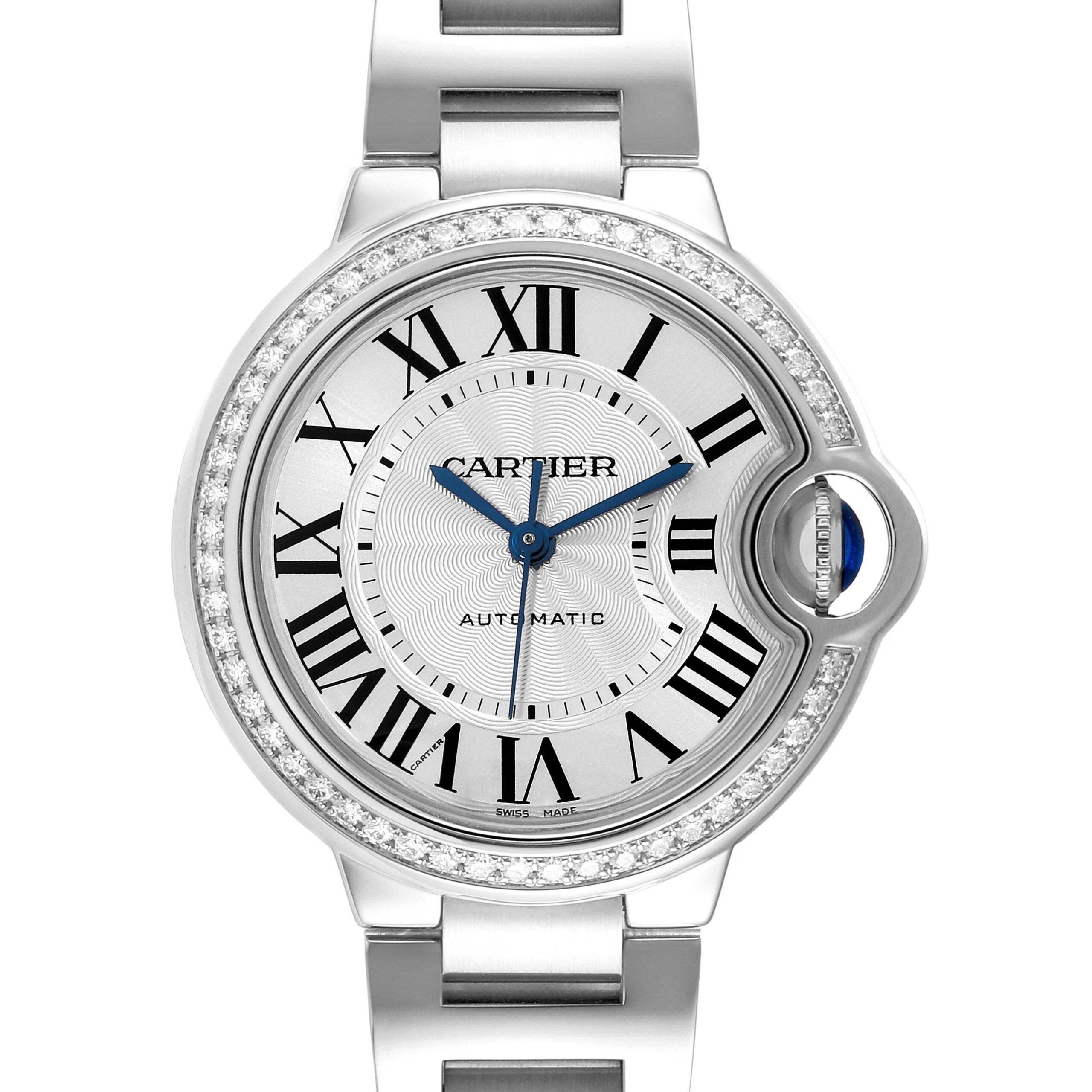 Cartier Ballon Bleu 33mm Steel Diamond Bezel Ladies Watch W4BB0016