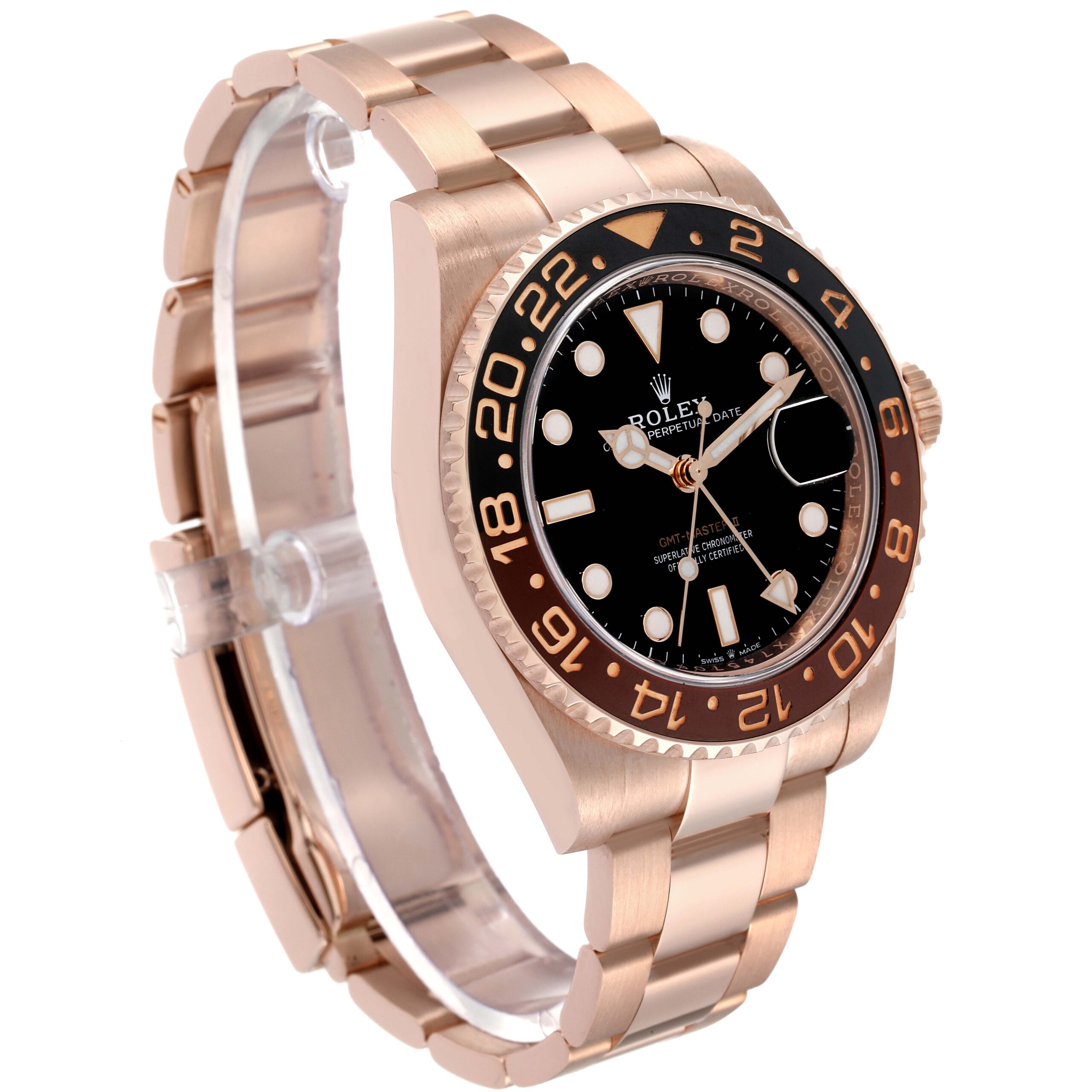 Rolex GMT Master II Black Brown Root Beer Rose Gold Mens Watch 126715 Box Card