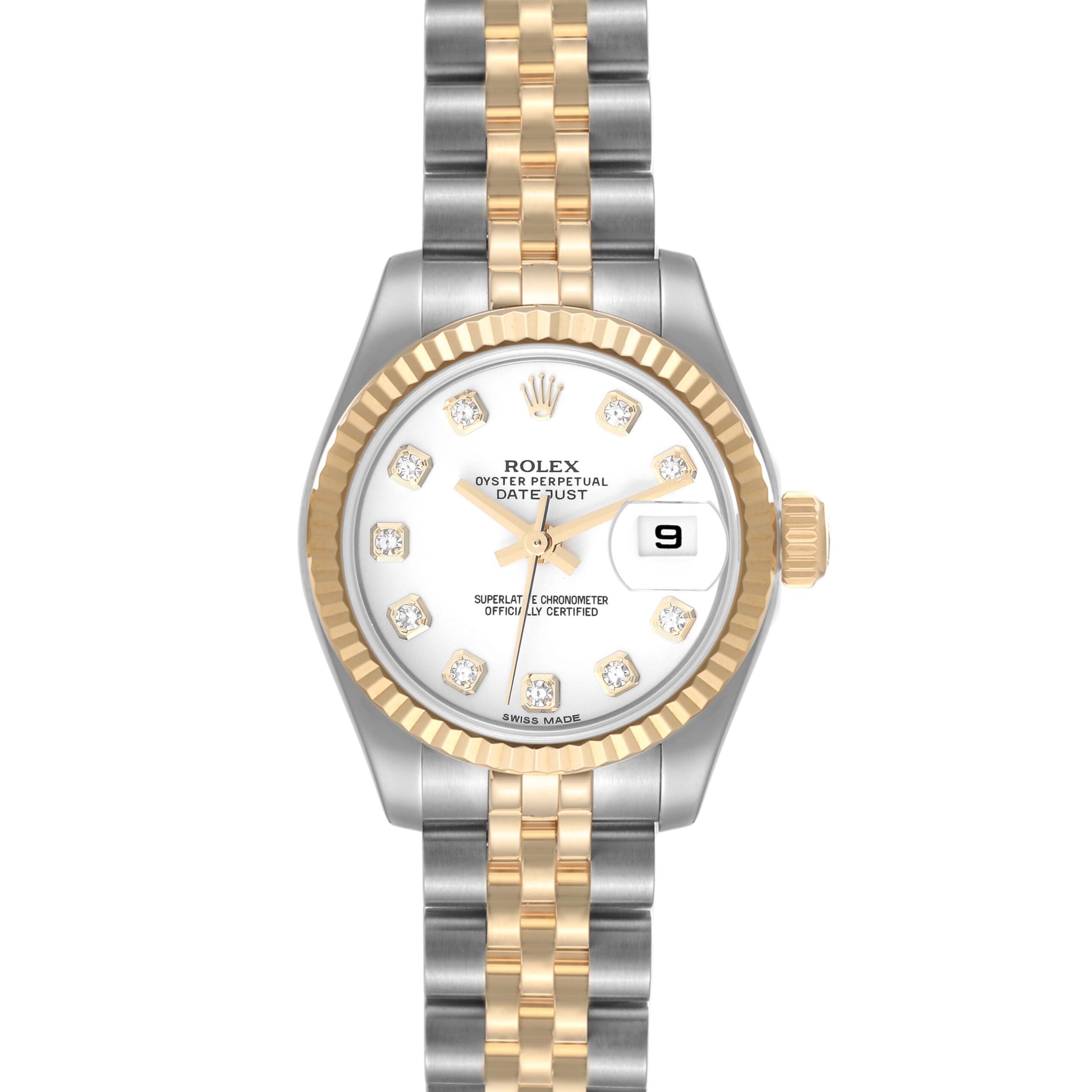 Rolex Datejust Steel Yellow Gold White Diamond Dial Ladies Watch 179173 Box Card