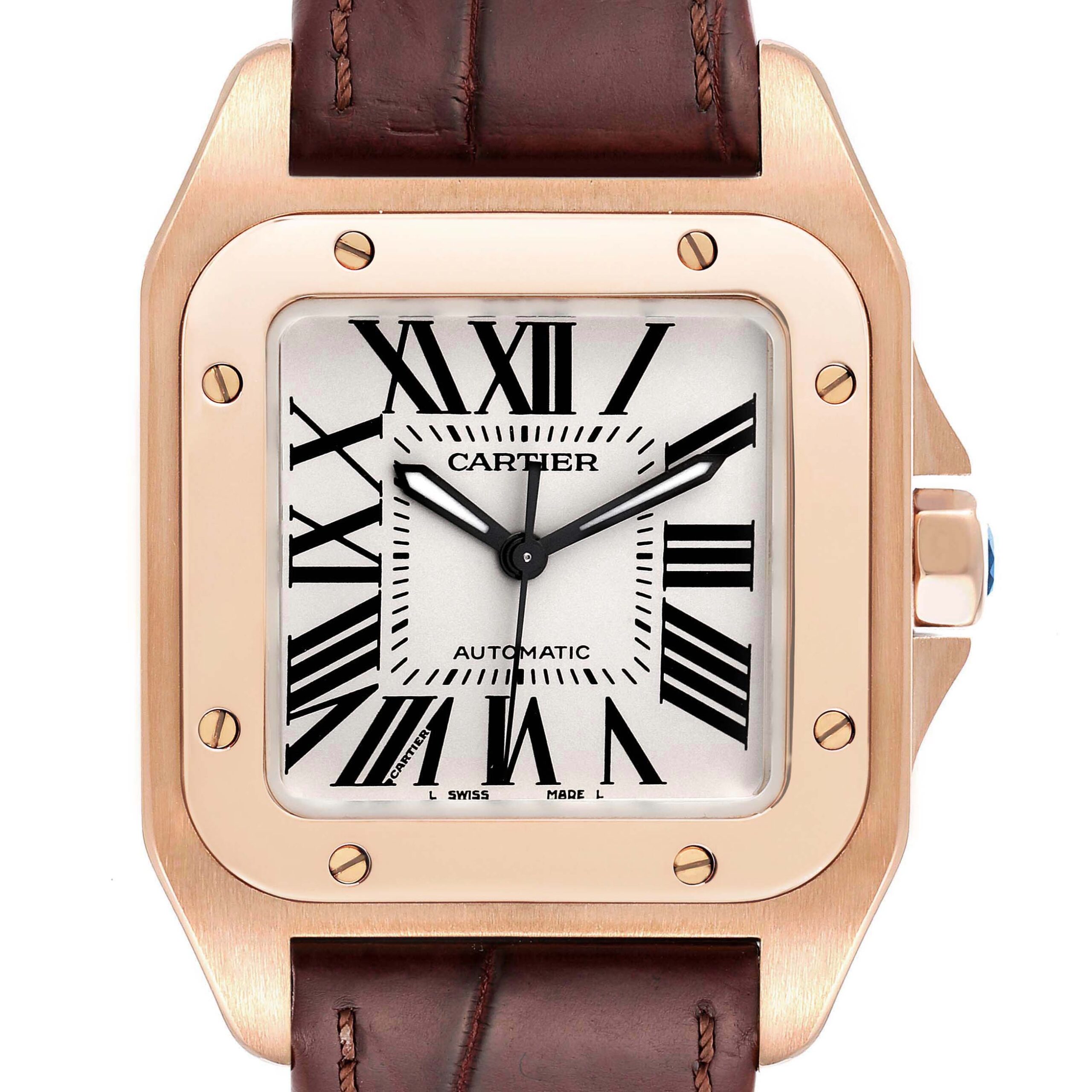 Cartier Santos 100 Midsize Rose Gold Silver Dial Mens Watch W20108Y1
