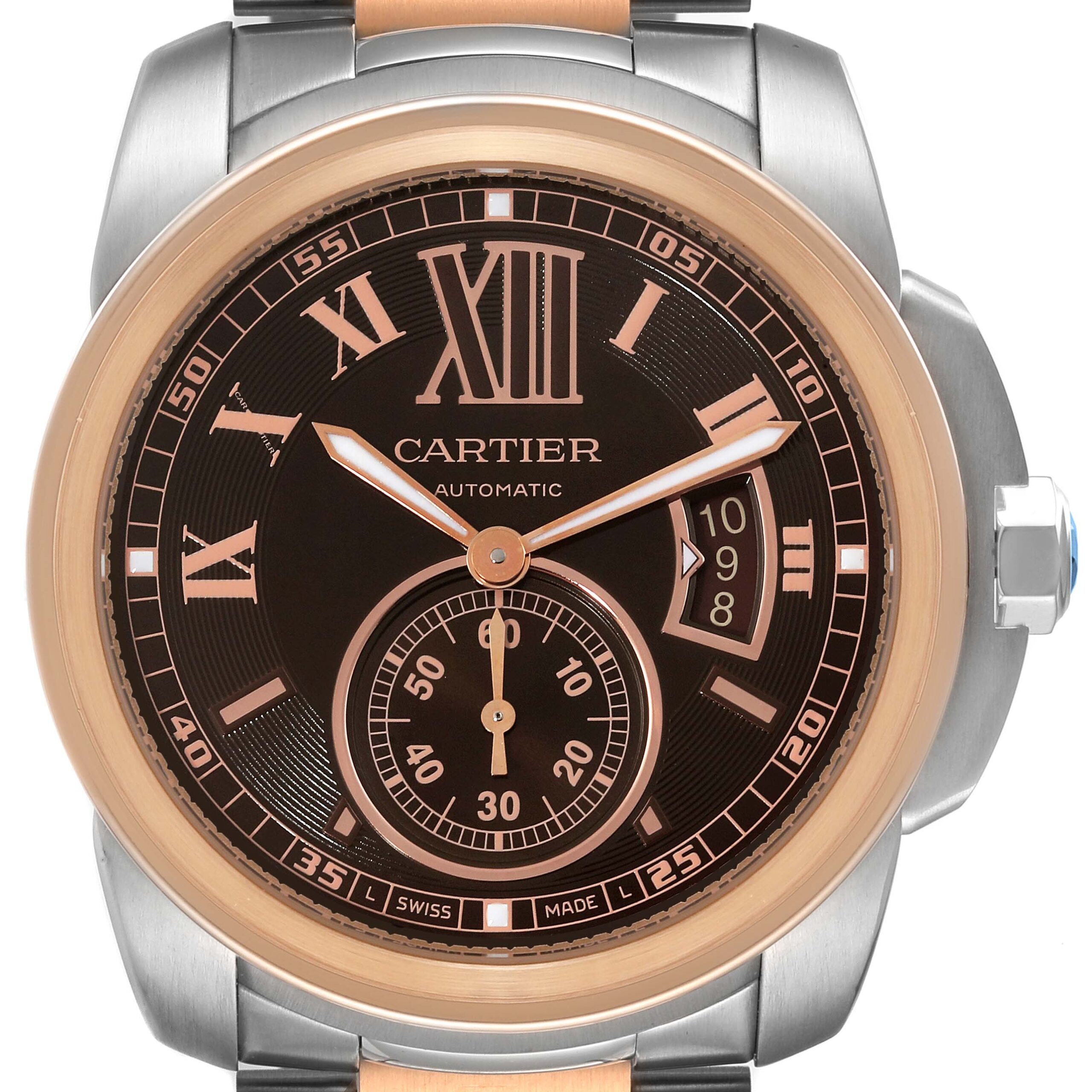 Cartier Calibre Brown Dial Rose Gold Steel Mens Watch W7100050 Box Card
