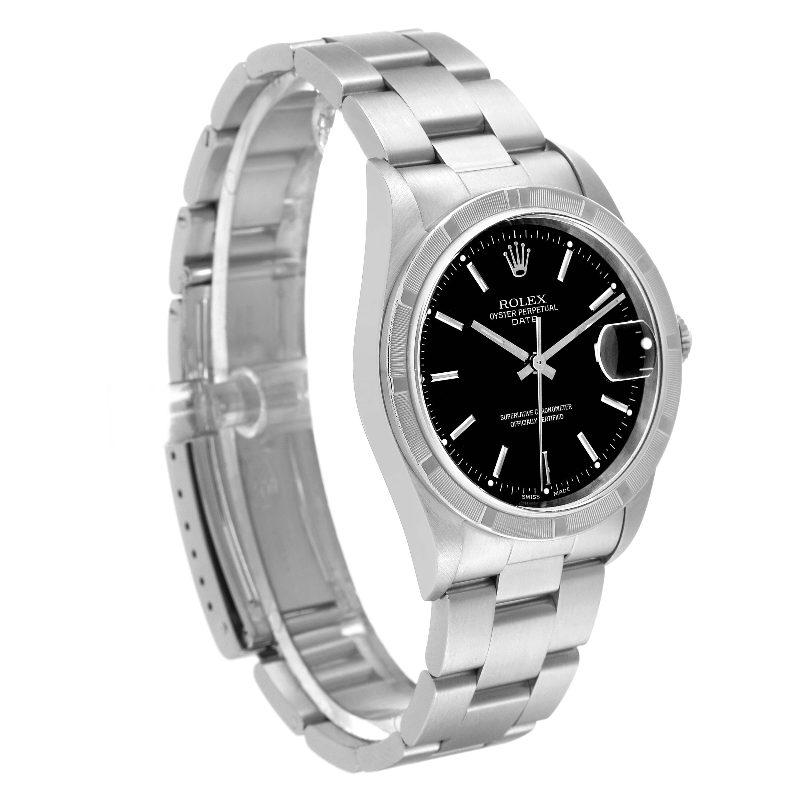 Rolex Date Black Dial Engine Turned Bezel Steel Mens Watch 15210