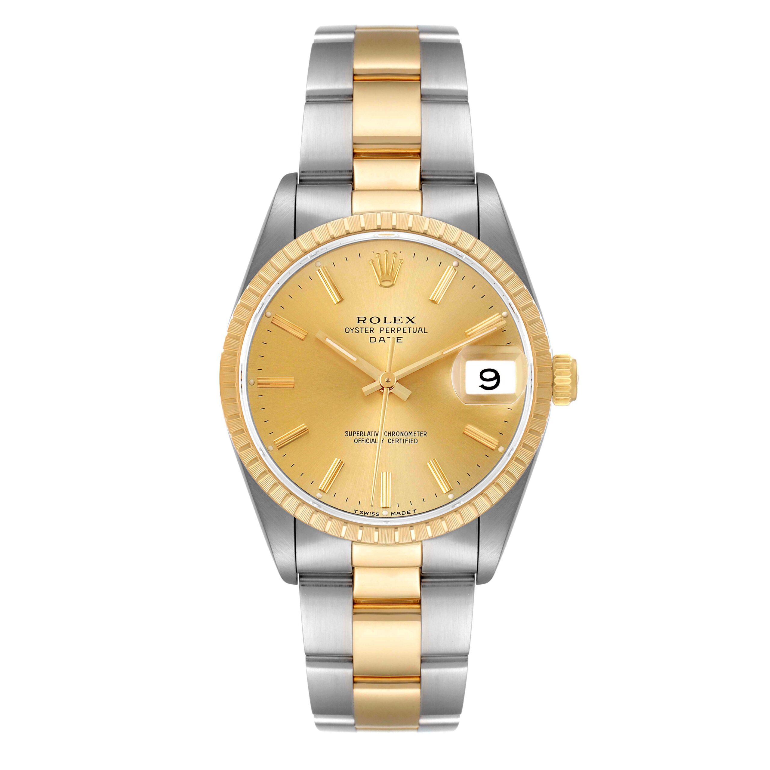 Rolex Date Baton Dial Oyster Bracelet Steel Yellow Gold Mens Watch 15223