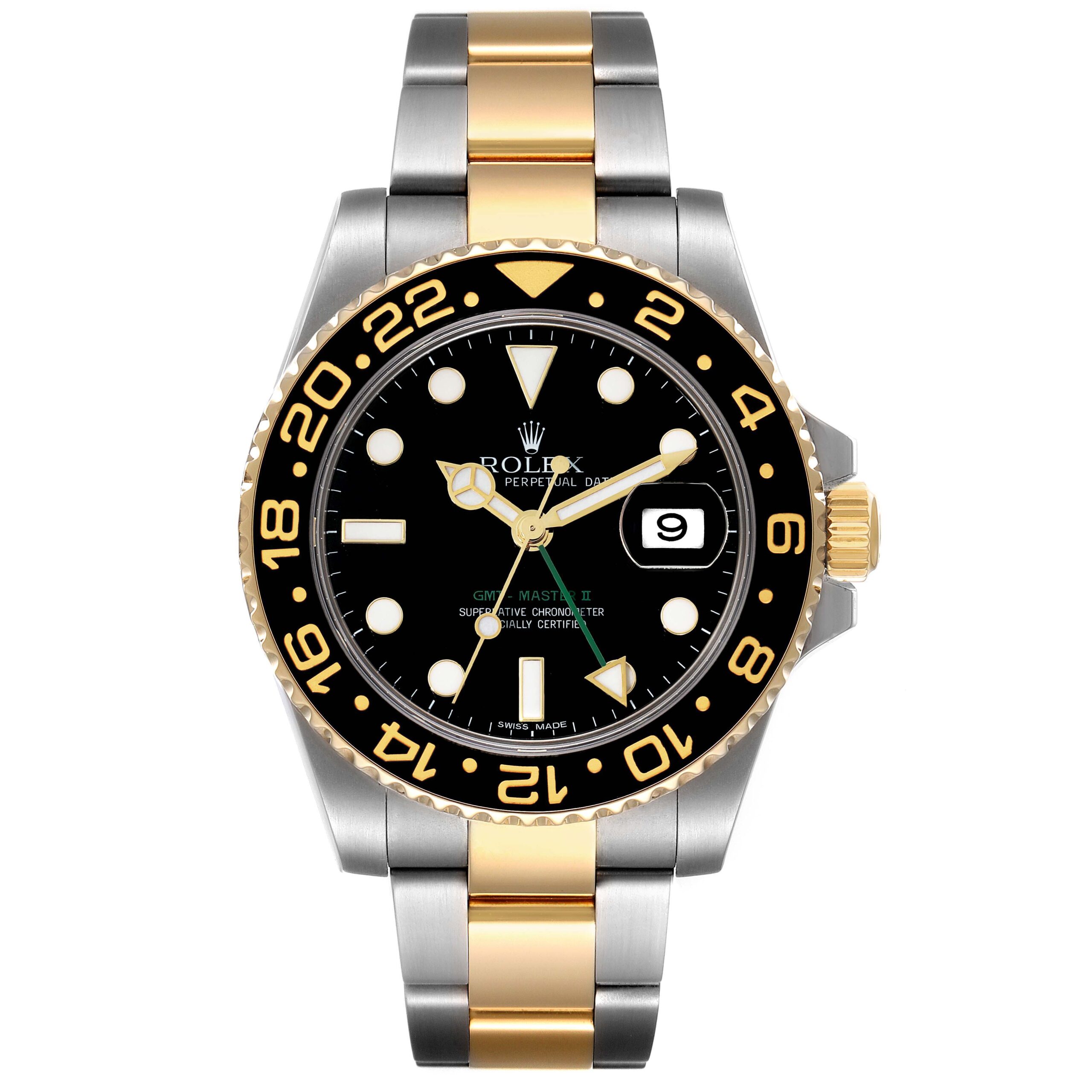 Rolex GMT Master II Yellow Gold Steel Black Dial Mens Watch 116713 Box Card