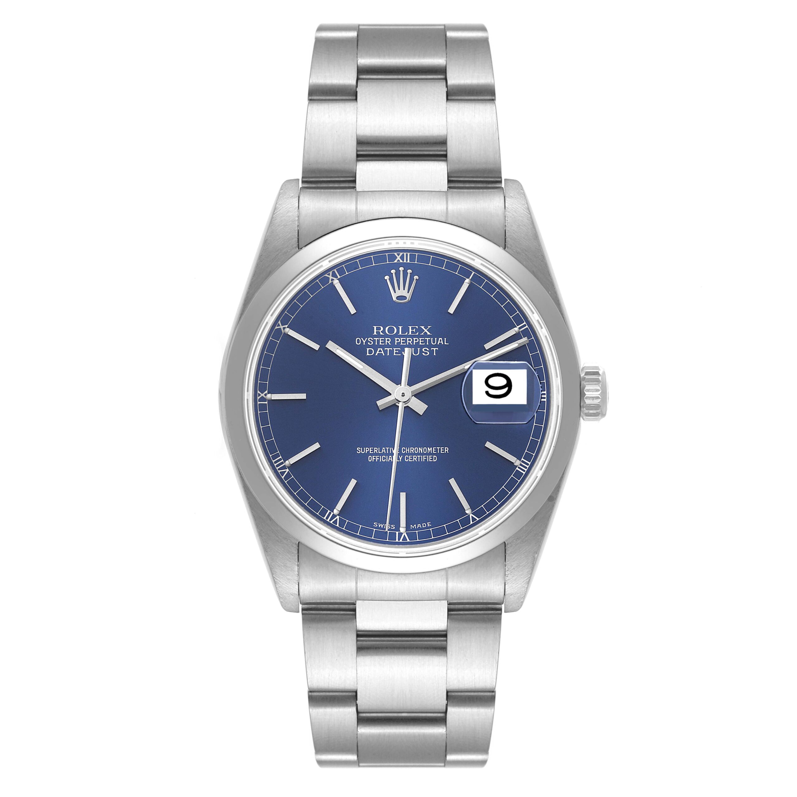 Rolex Datejust Blue Dial Smooth Bezel Steel Mens Watch 16200 Box Papers