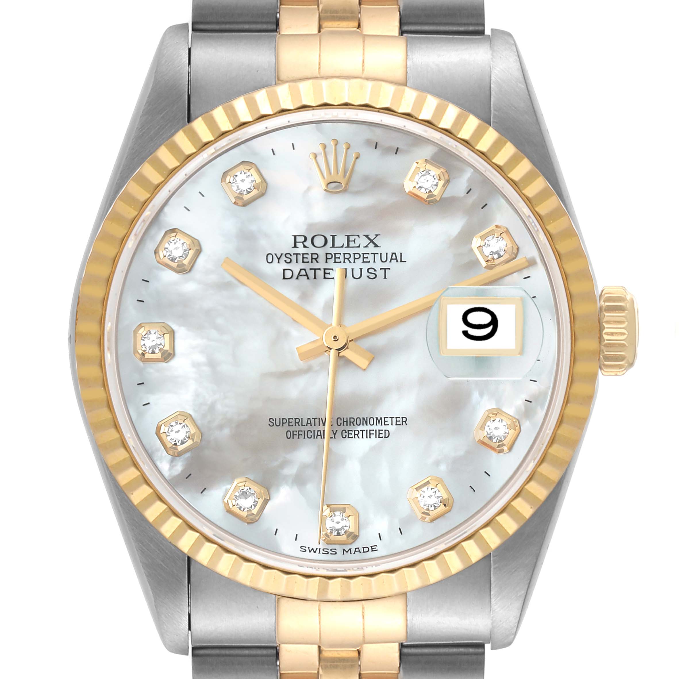 Rolex Datejust Steel Yellow Gold Mother of Pearl Diamond Dial Mens Watch 16233