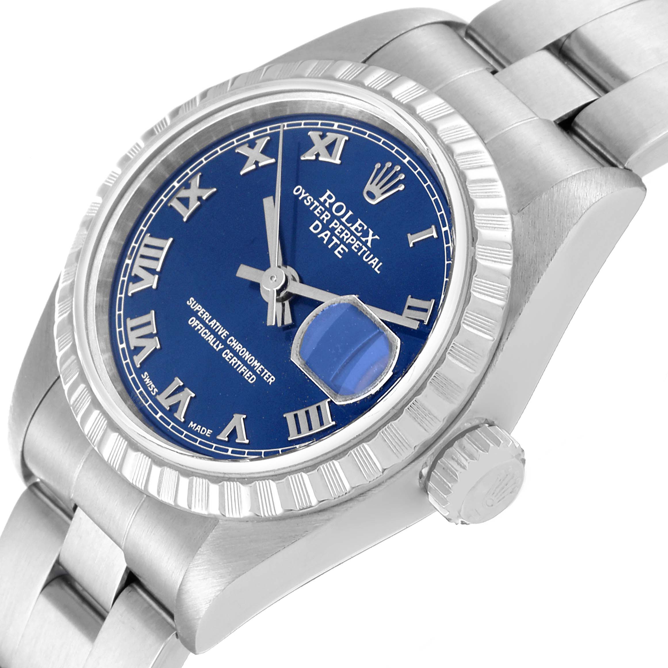Rolex Date Blue Dial Engine Turned Bezel Steel Ladies Watch 79240