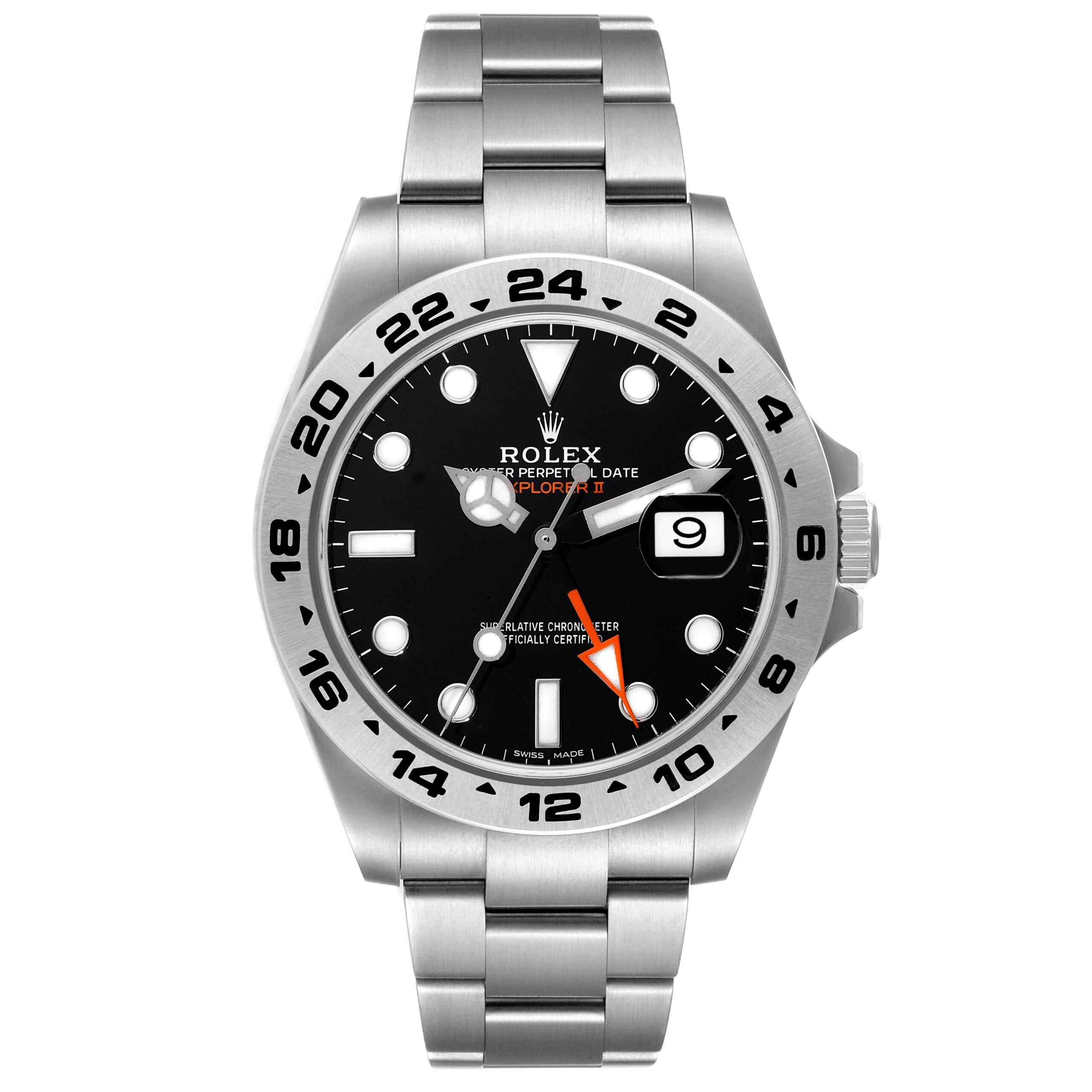 Rolex Explorer II GMT 42 Black Dial Orange Hand Steel Mens Watch 216570 Box Card