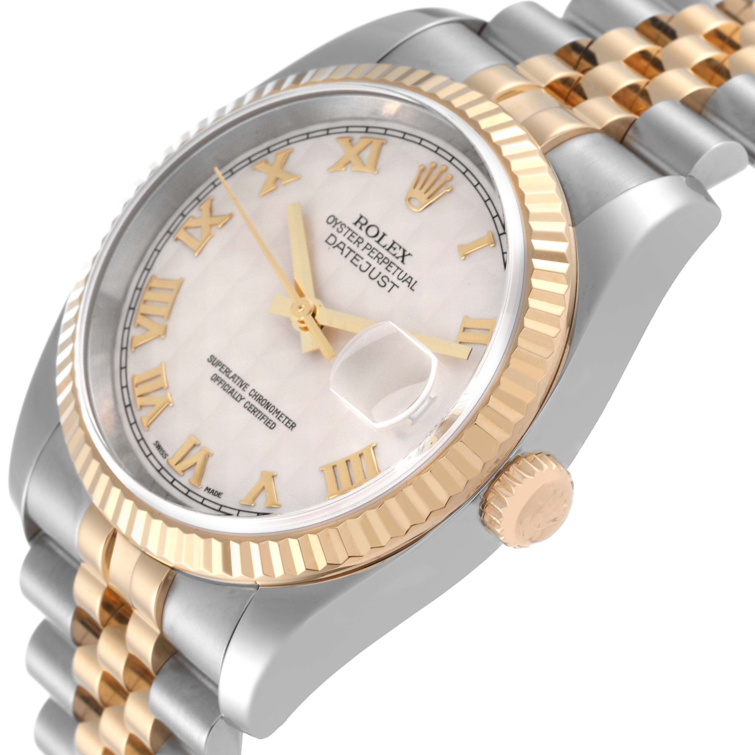 Rolex Datejust Steel Yellow Gold Pyramid Roman Dial Mens Watch 116233