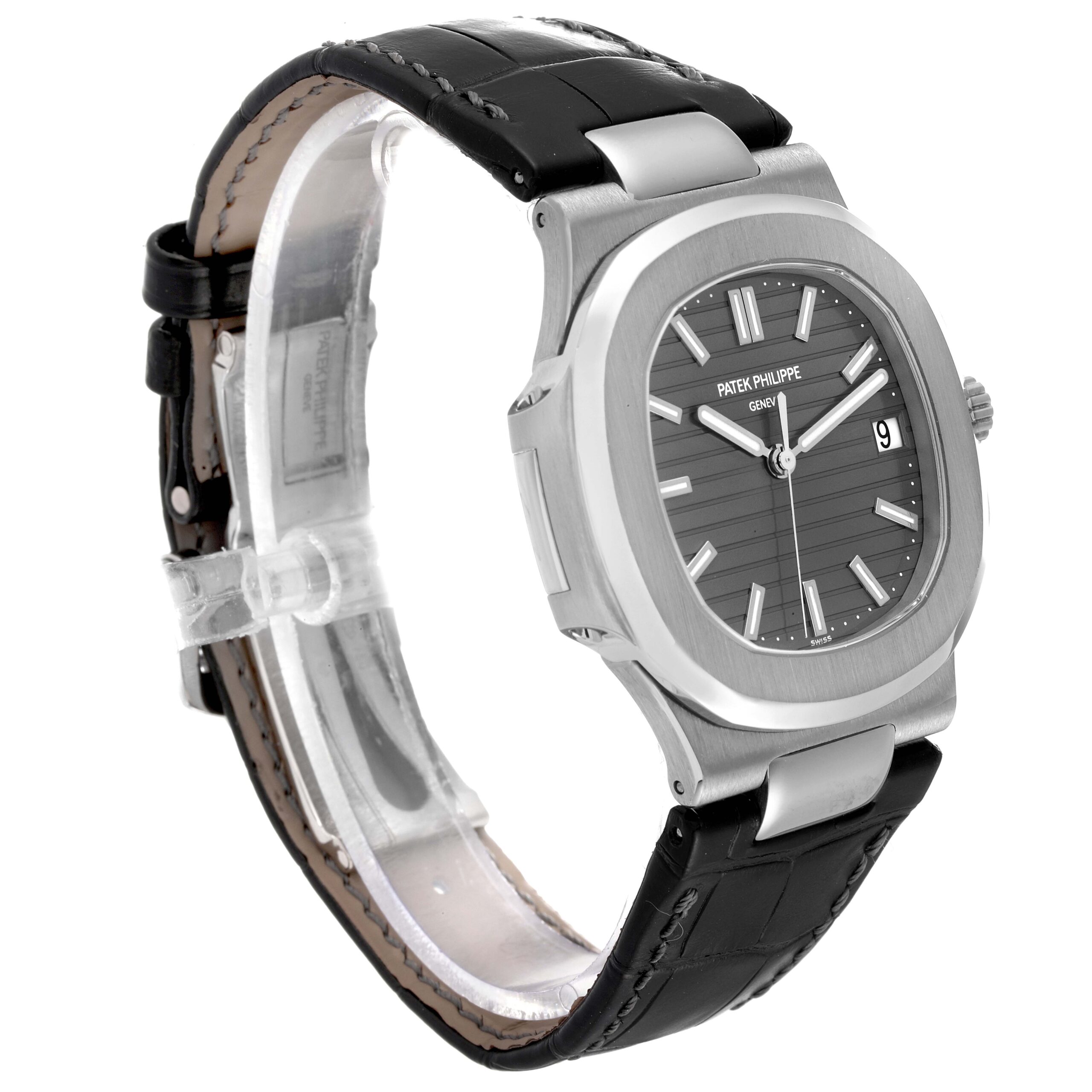 Patek Philippe Nautilus 18K White Gold Black Strap Mens Watch 5711 Box Papers