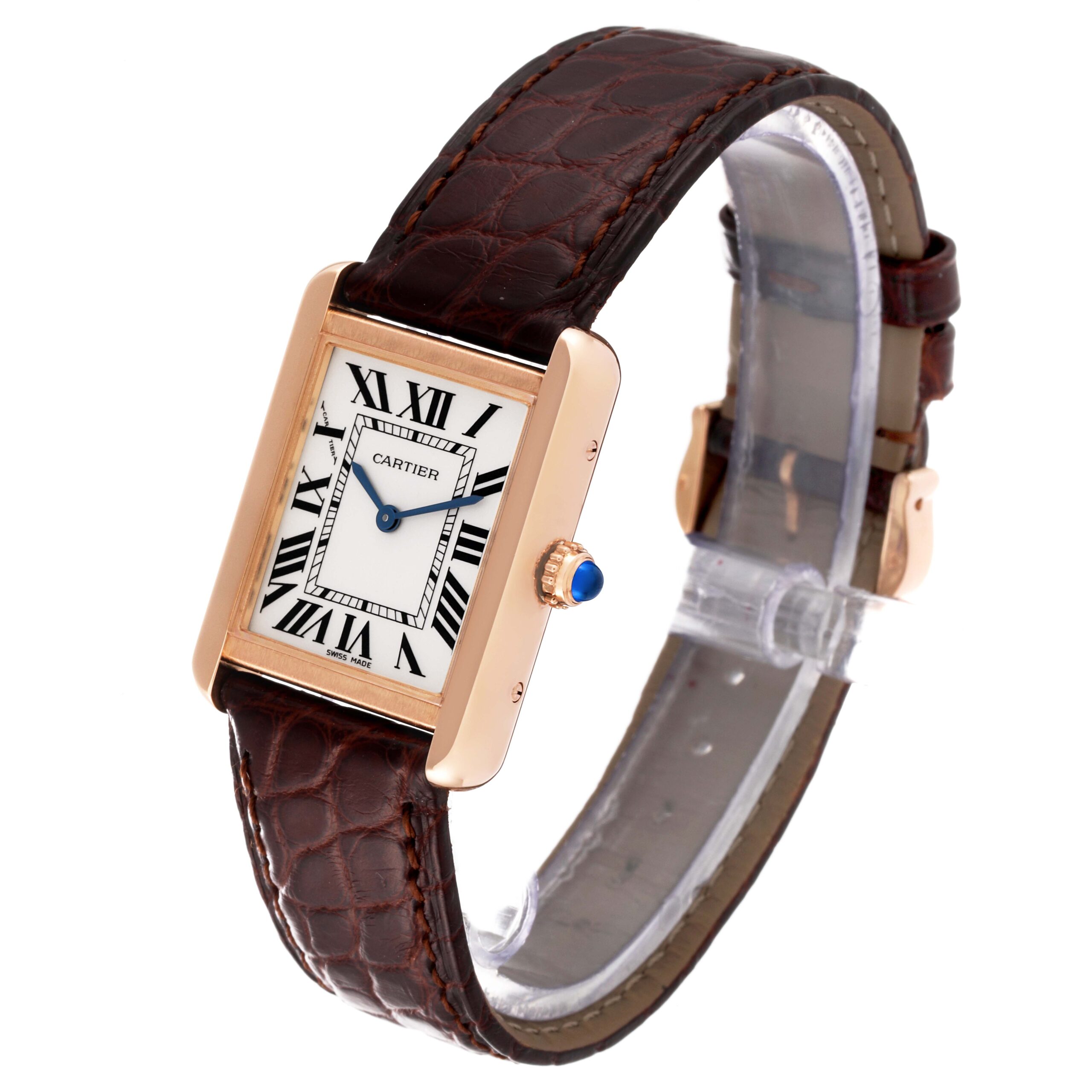 Cartier Tank Solo Rose Gold Steel Brown Strap Ladies Watch W5200024 Box Papers