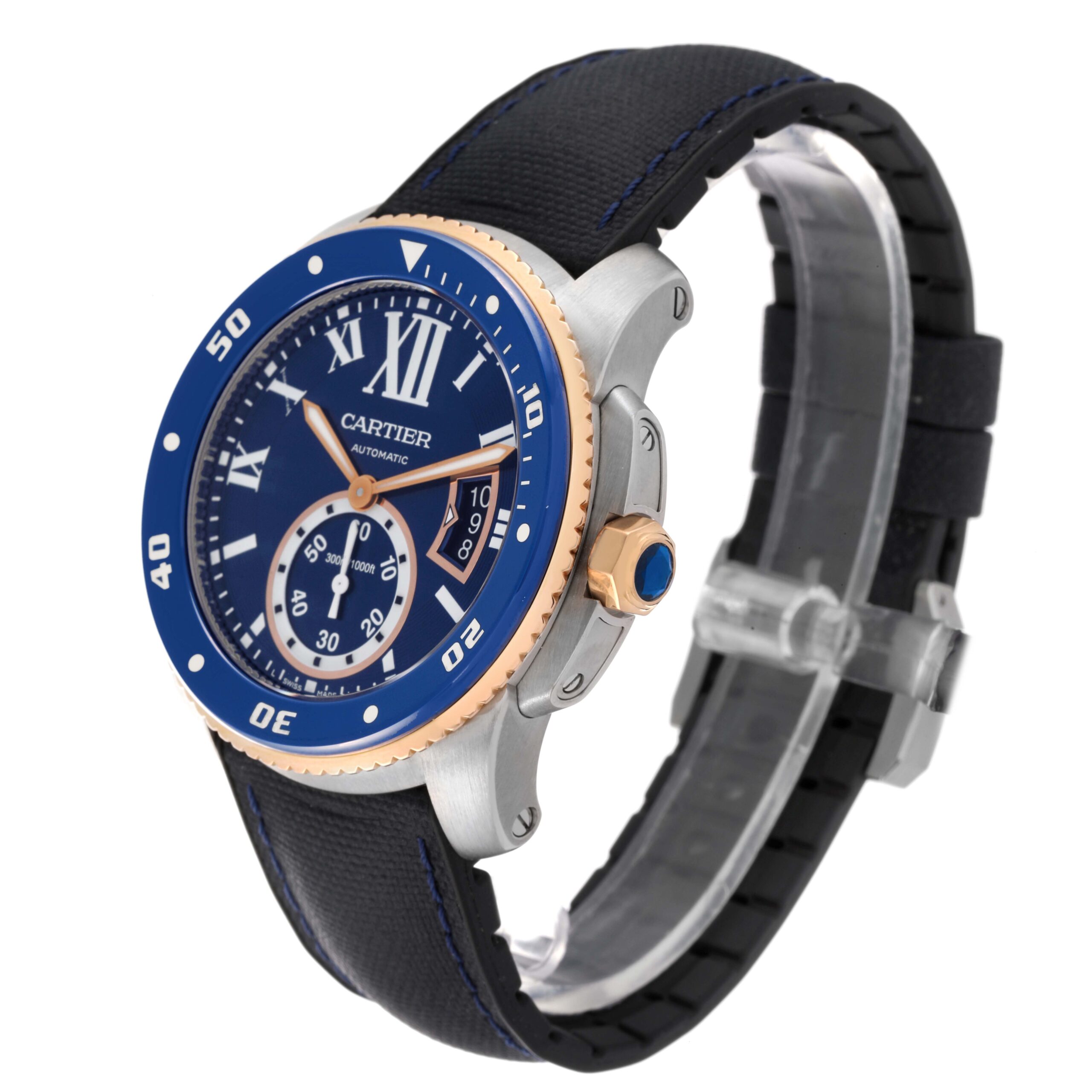 Cartier Calibre Diver Steel Rose Gold Blue Dial Watch W2CA0008 Box Papers