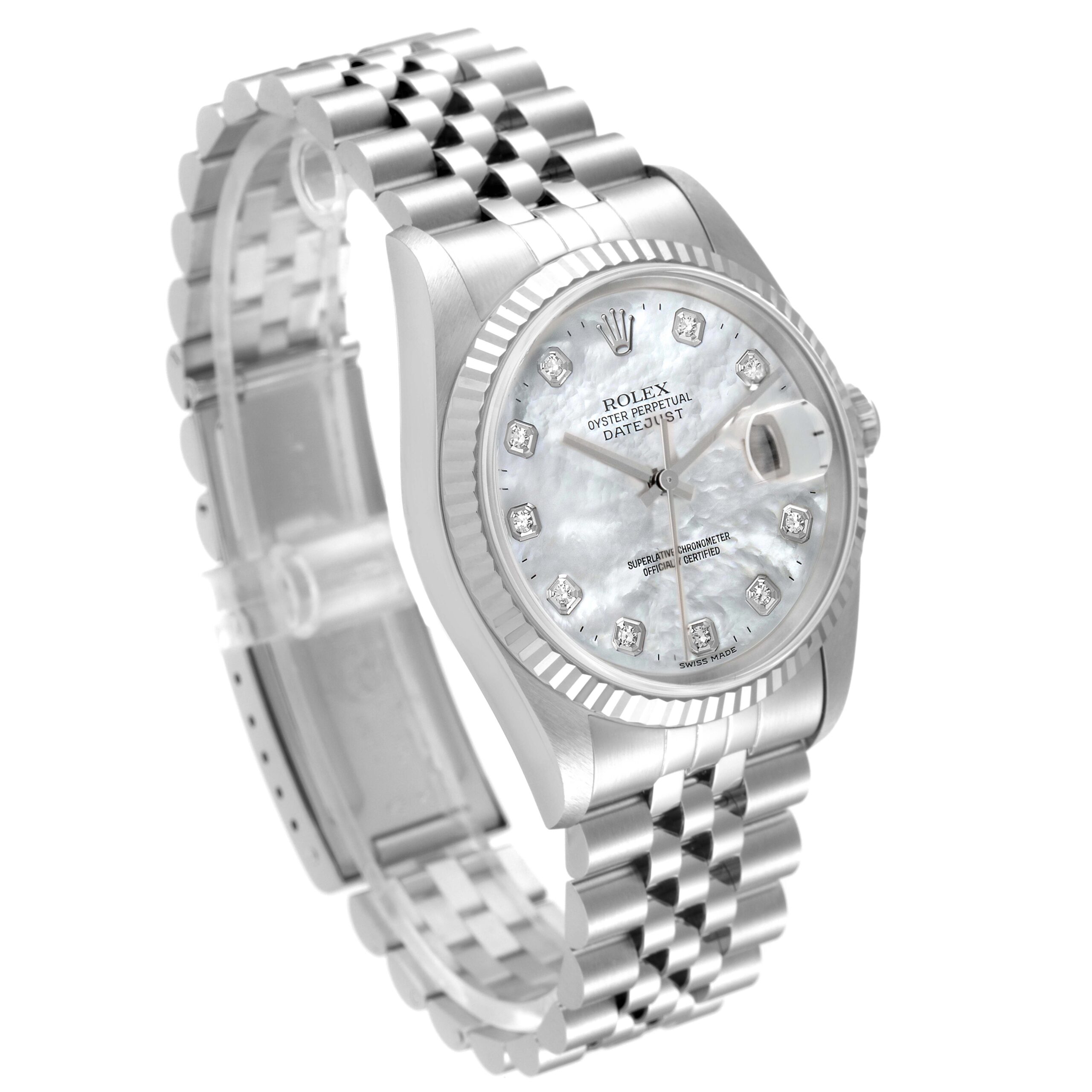 Rolex Datejust Steel White Gold Mother of Pearl Diamond Mens Watch 16234