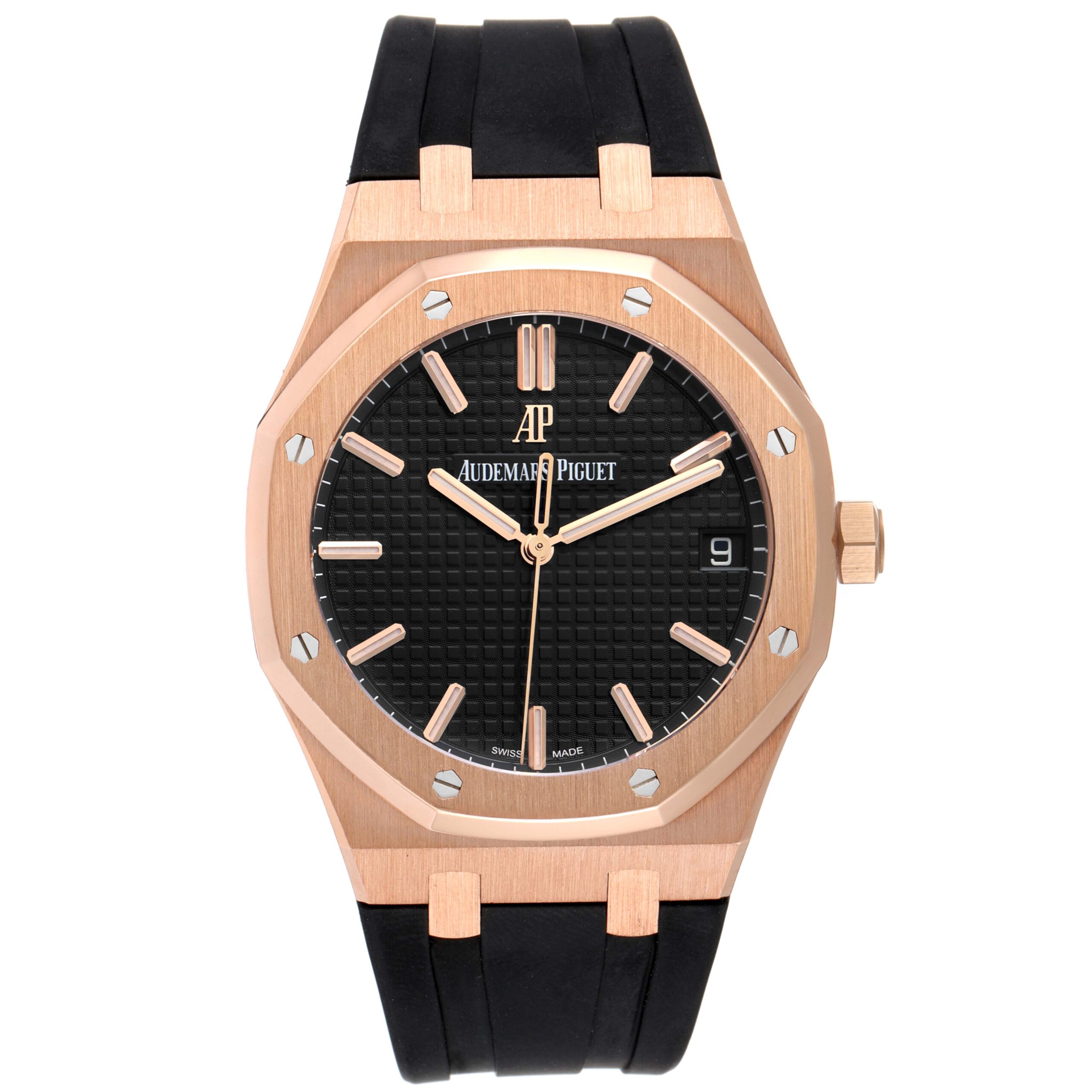 Audemars Piguet Royal Oak 18k Rose Gold Black Dial Watch 15500OR Box Papers