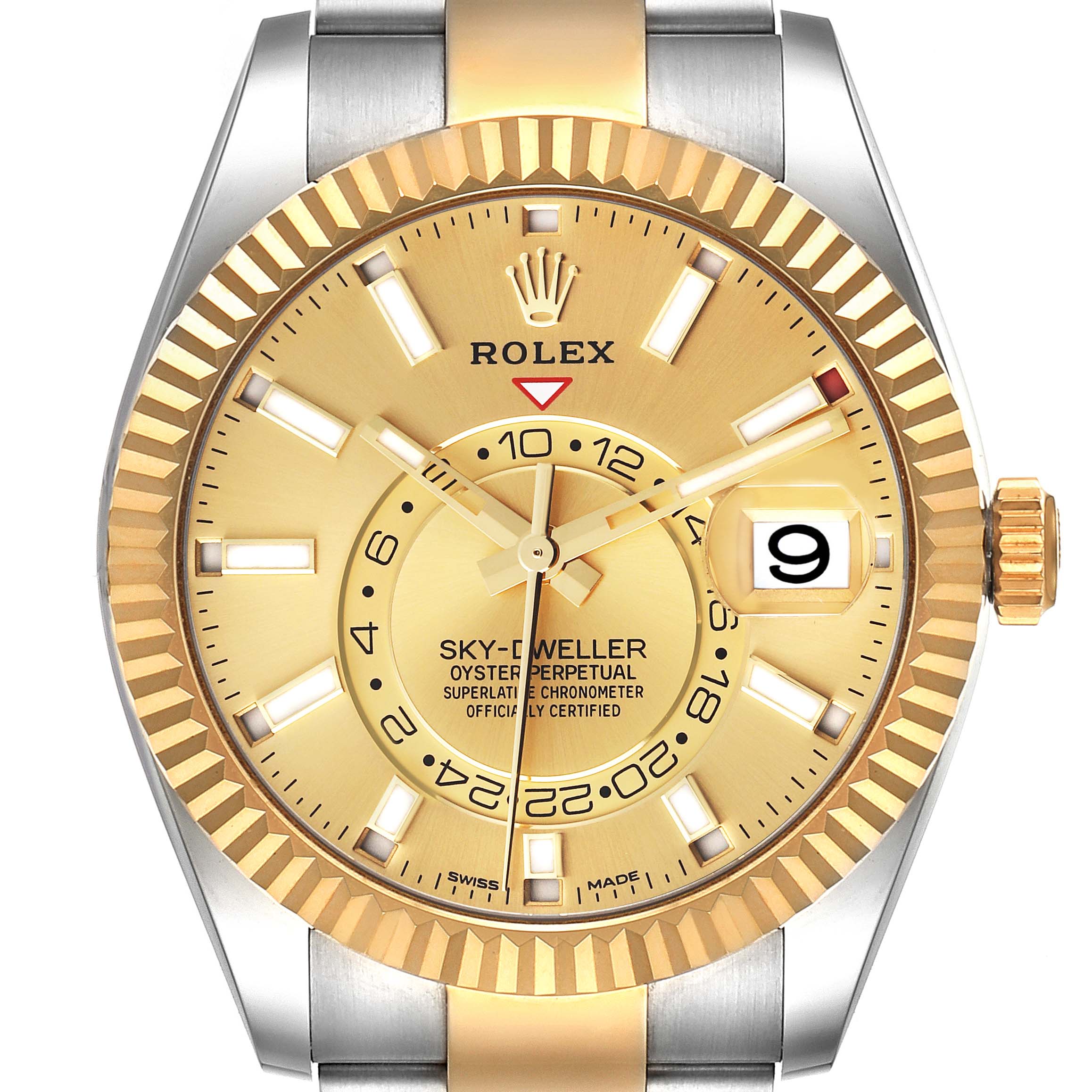 Rolex Sky Dweller Steel Yellow Gold Champagne Dial Mens Watch 326933 Box Card