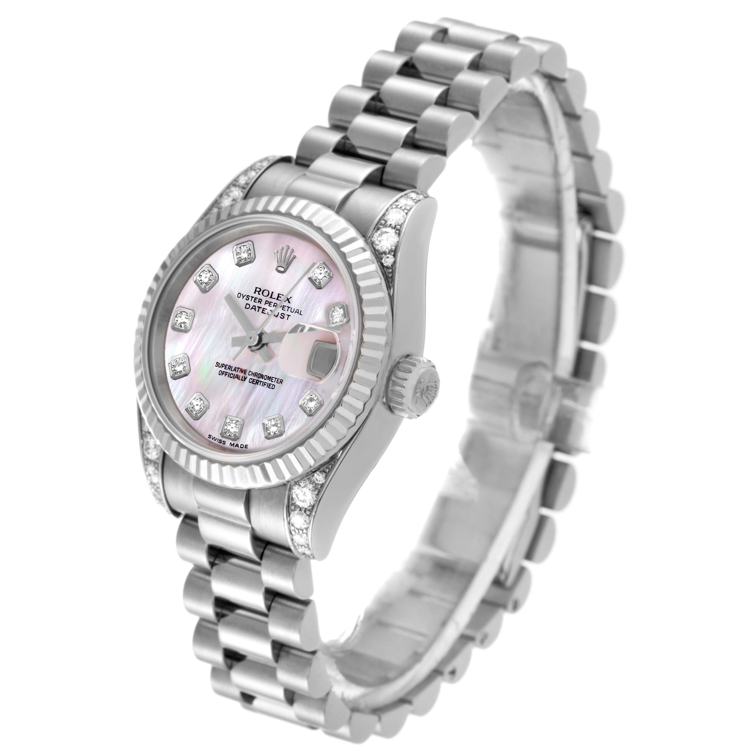 Rolex President Crown Collection White Gold Mother of Pearl Diamond Ladies Watch 179239 Box Papers