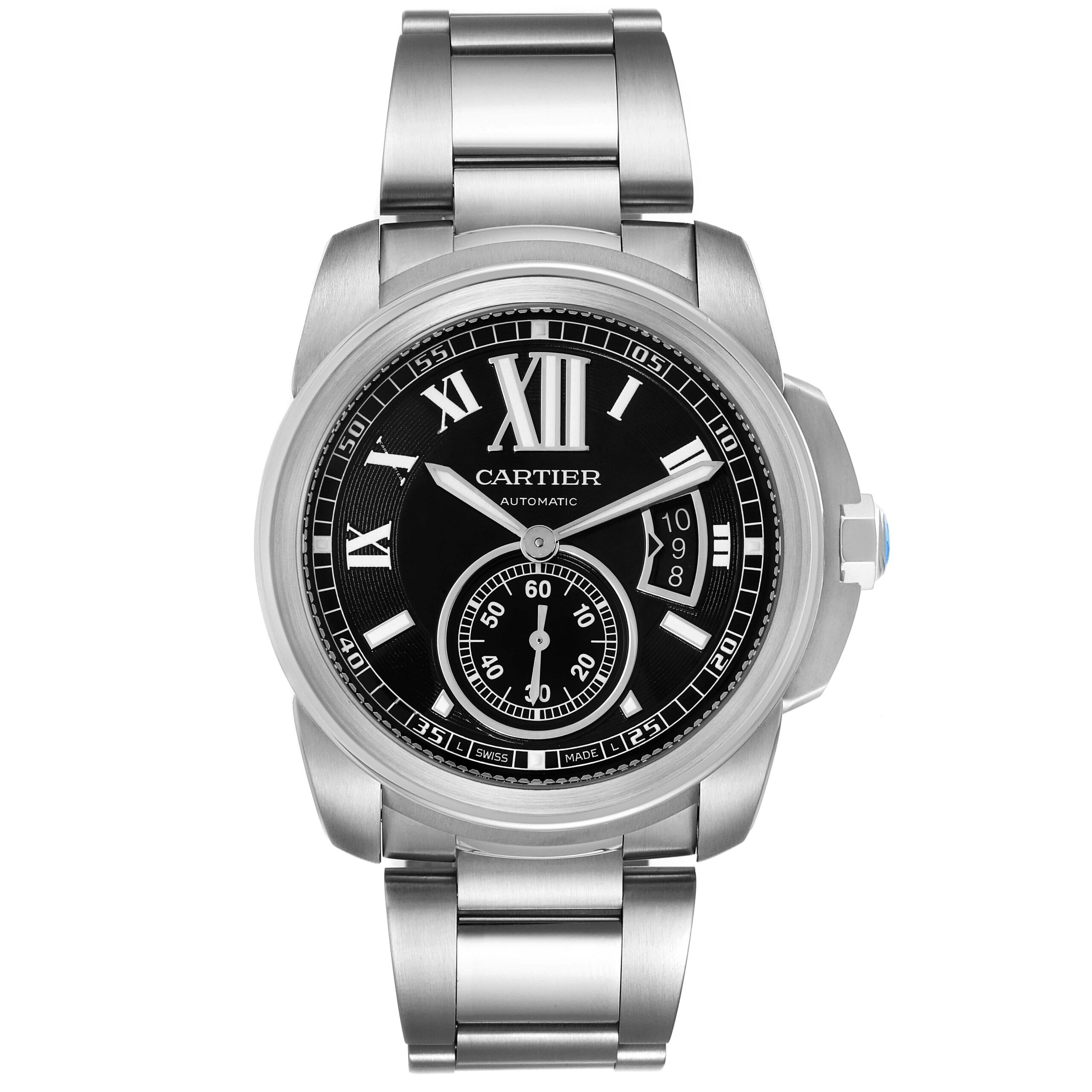 Calibre De Cartier Stainless Steel Black Dial Mens Watch W7100016 Box Papers