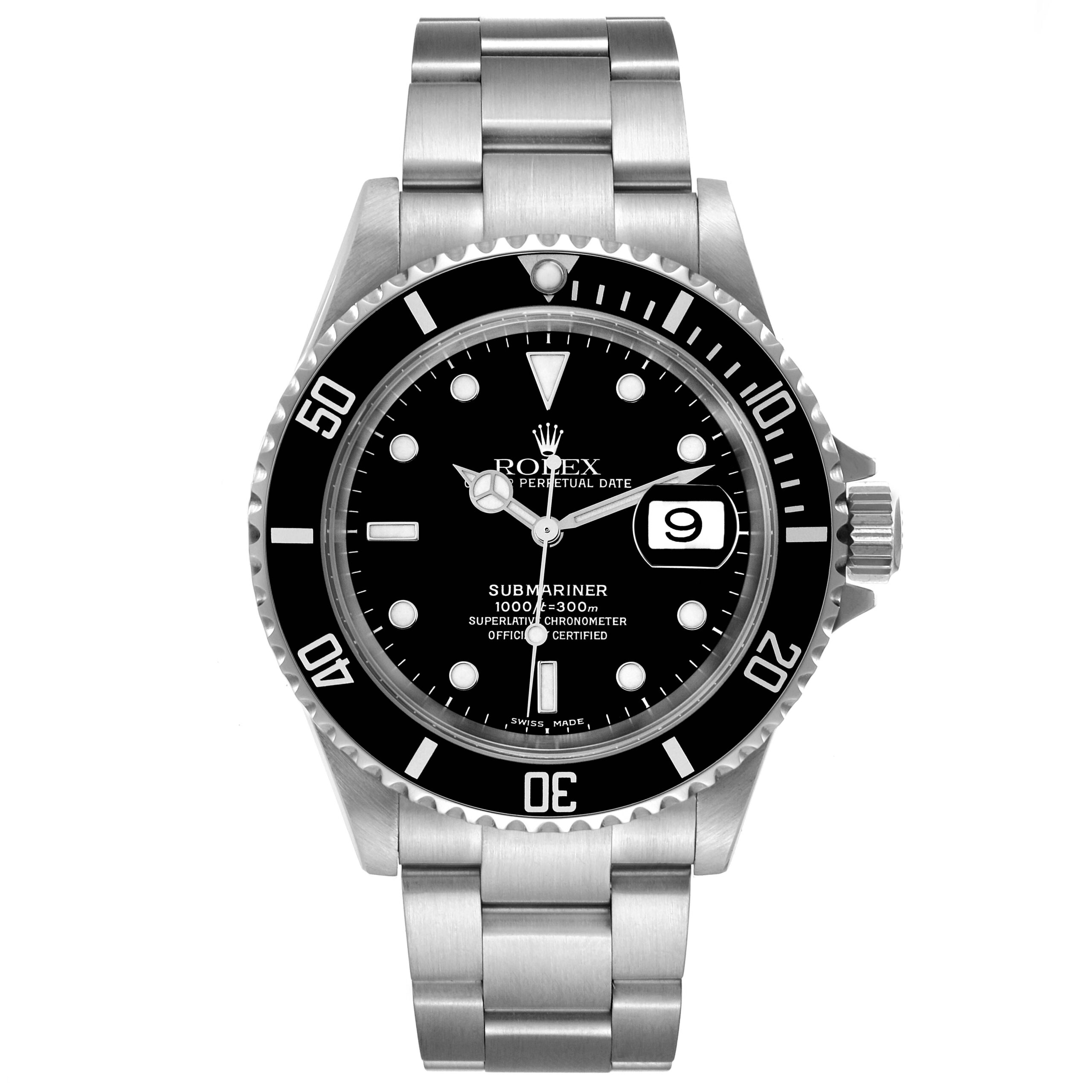 Rolex Submariner Date Black Dial Steel Mens Watch 16610 Box Papers
