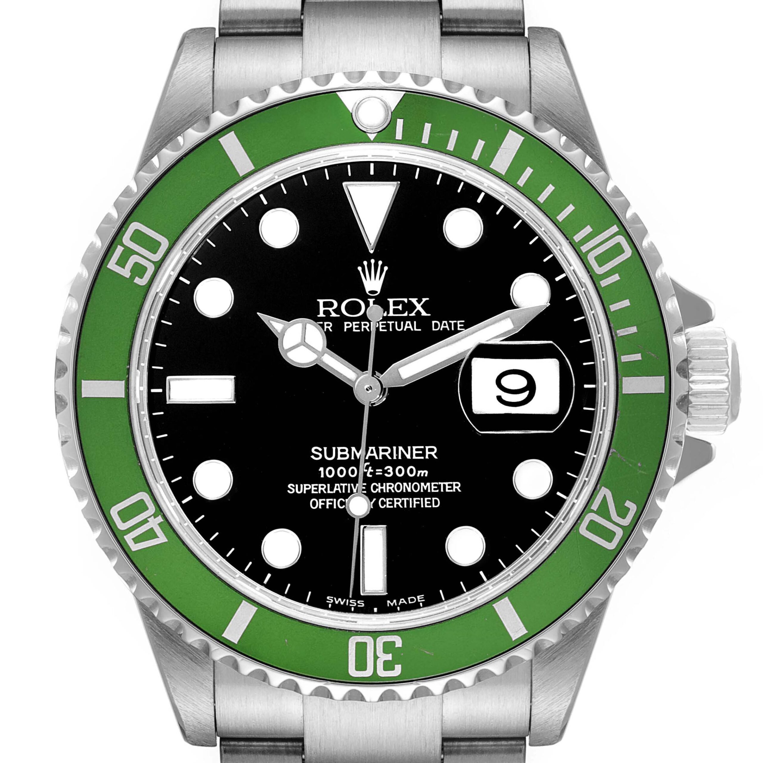 Rolex Submariner Kermit Green Bezel Flat 4 Steel Mens Watch 16610LV