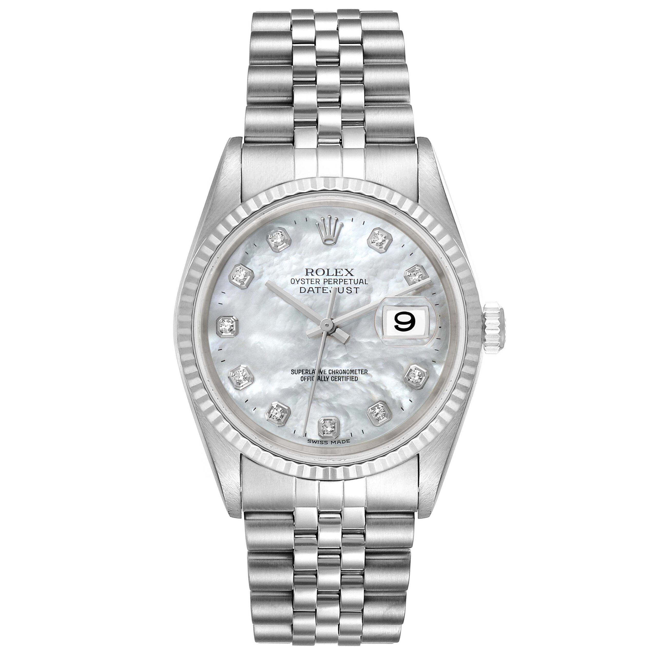 Rolex Datejust Steel White Gold Mother of Pearl Diamond Mens Watch 16234