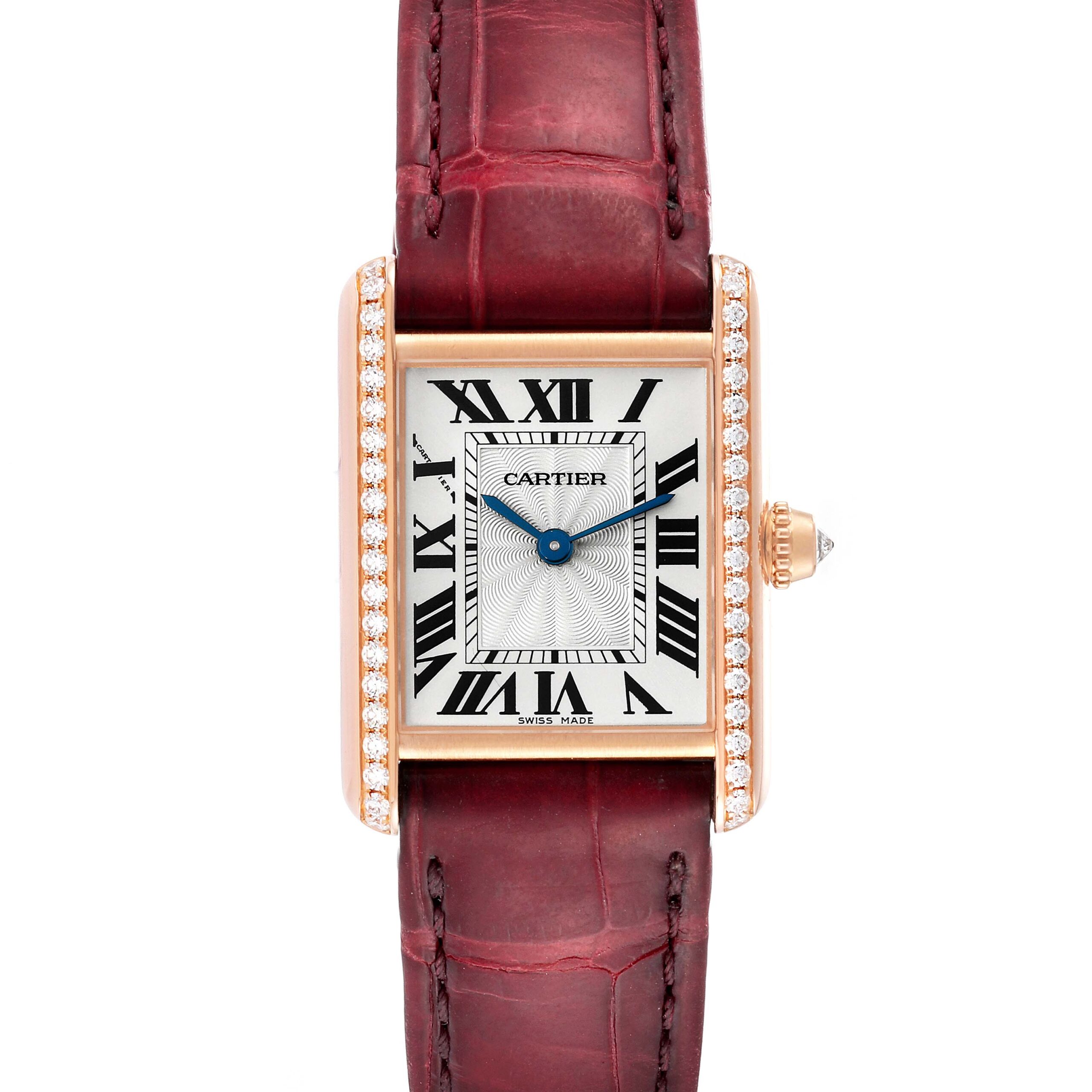 Cartier Tank Louis Rose Gold Diamond Burgundy Strap Ladies Watch WJTA0010 Papers