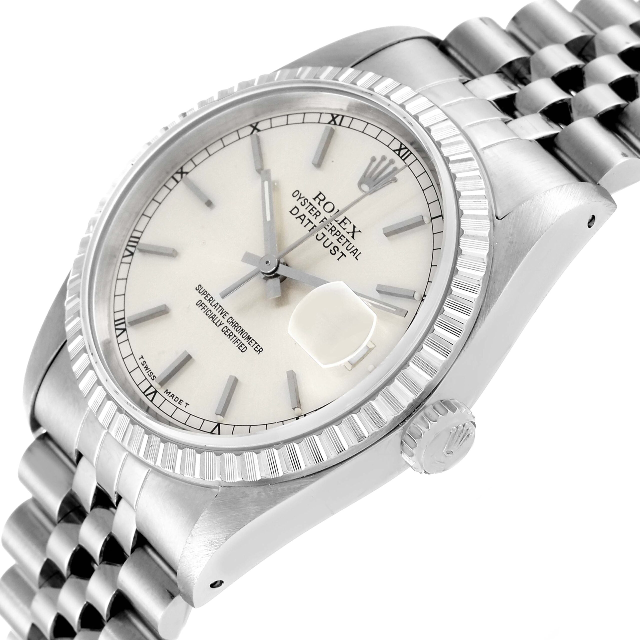 Rolex Datejust Silver Dial Engine Turned Bezel Steel Mens Watch 16220