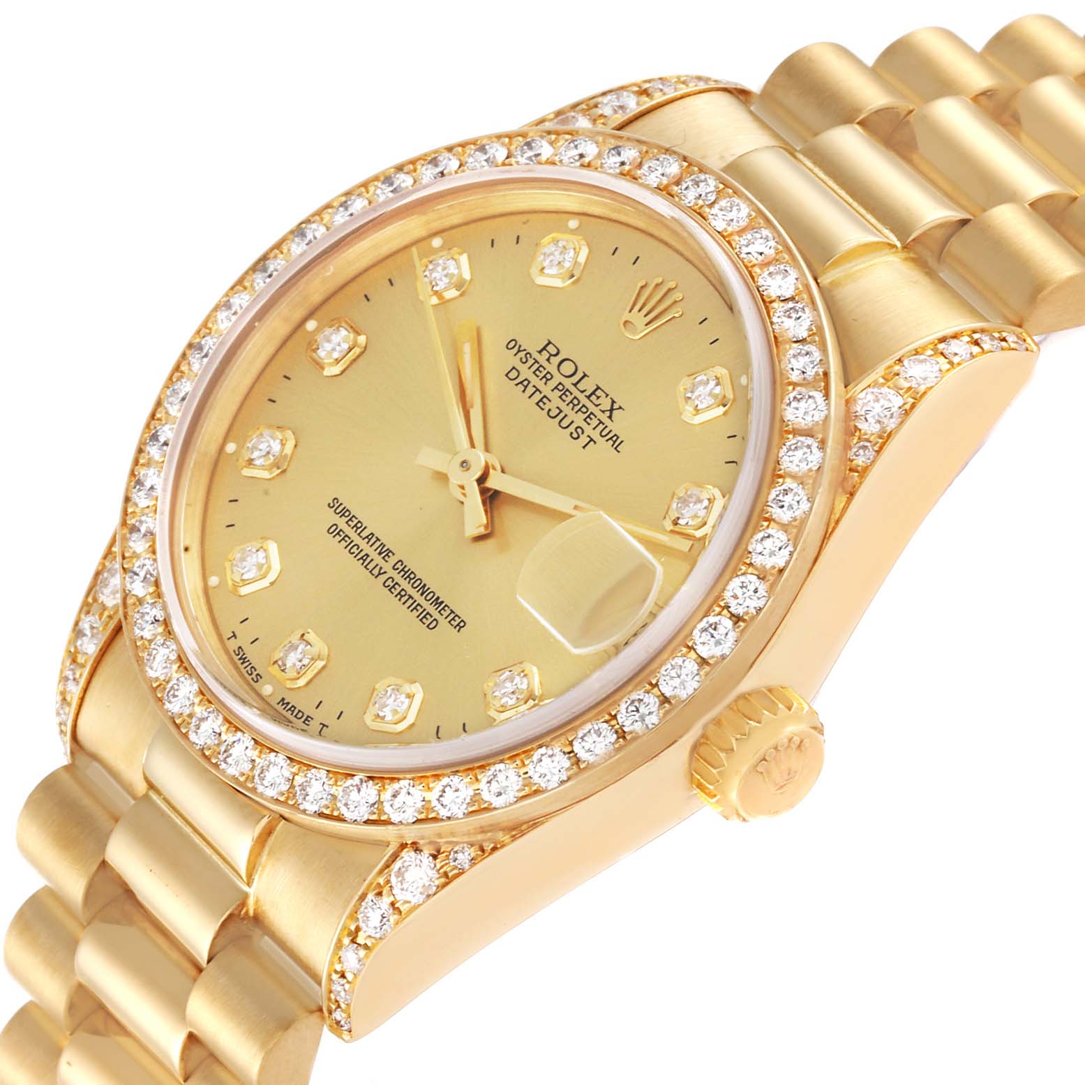 Rolex Datejust President Midsize Yellow Gold Diamond Bezel Ladies Watch 68158