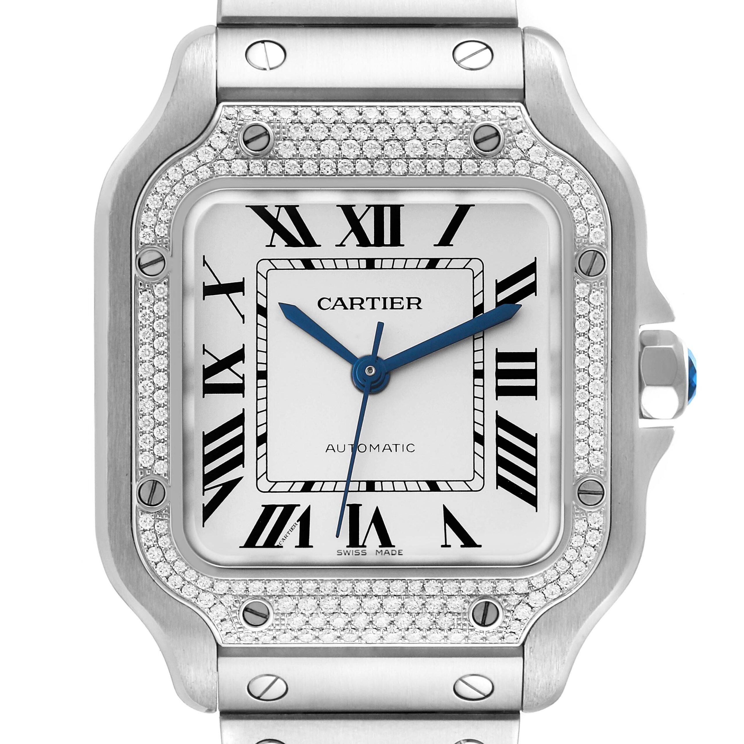 Cartier Santos Silver Dial Medium Steel Diamond Mens Watch W4SA0005