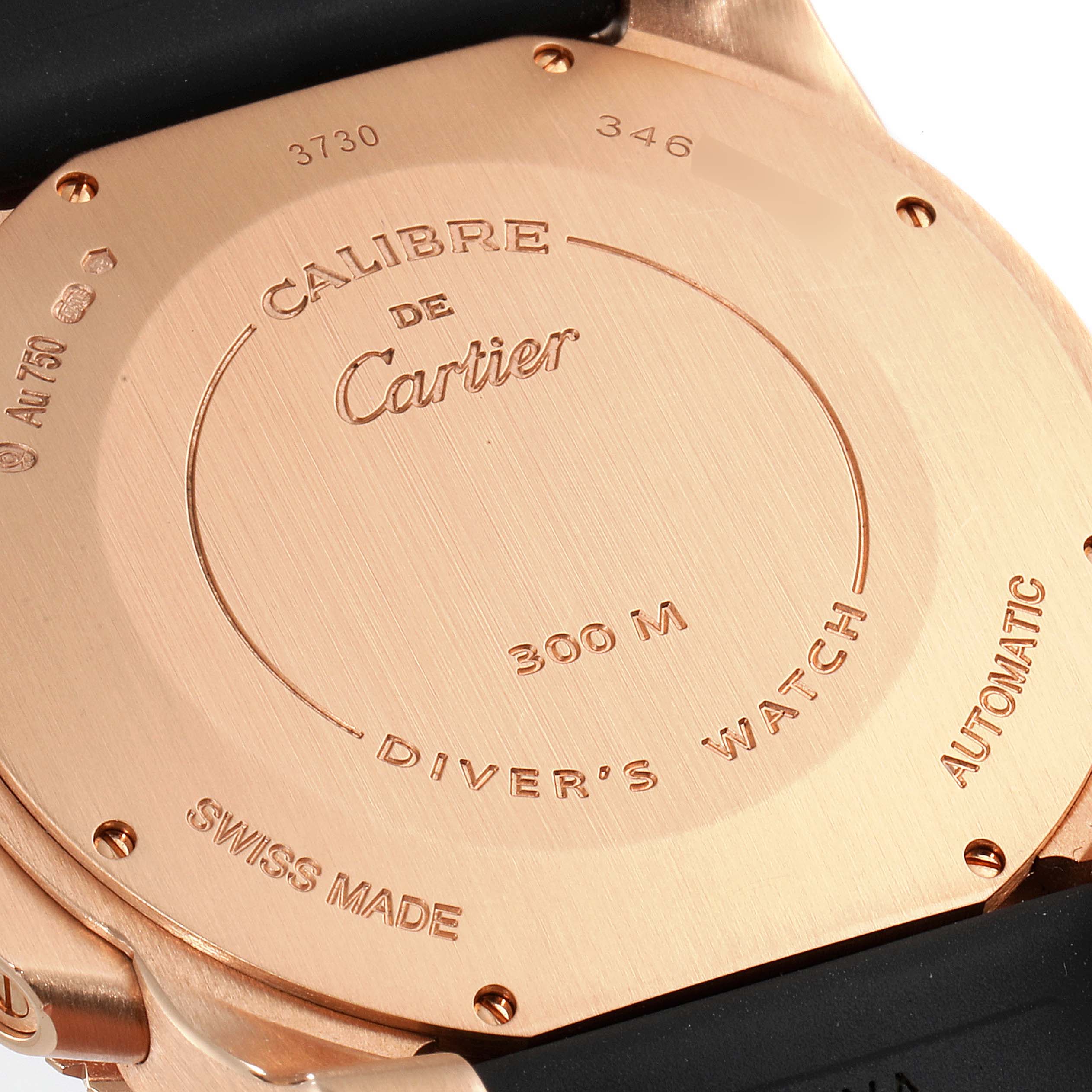 Cartier Calibre Rose Gold Black Dial Rubber Strap Mens Watch W7100052 Box Papers