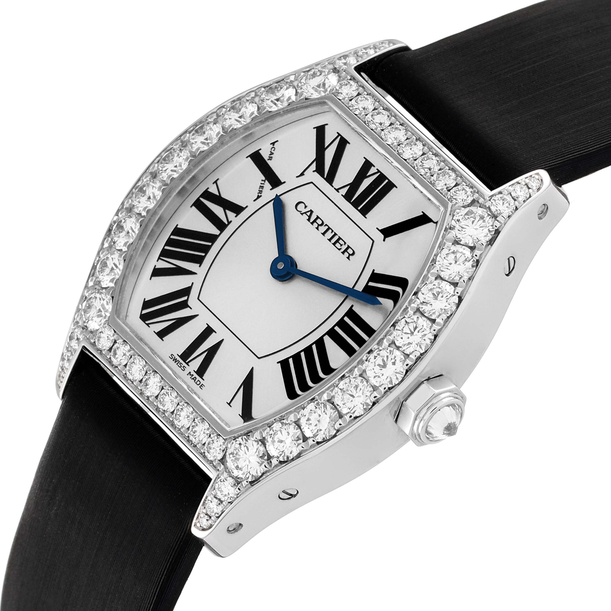 Cartier Tortue 18k White Gold Diamond Black Strap Ladies Watch WA507231