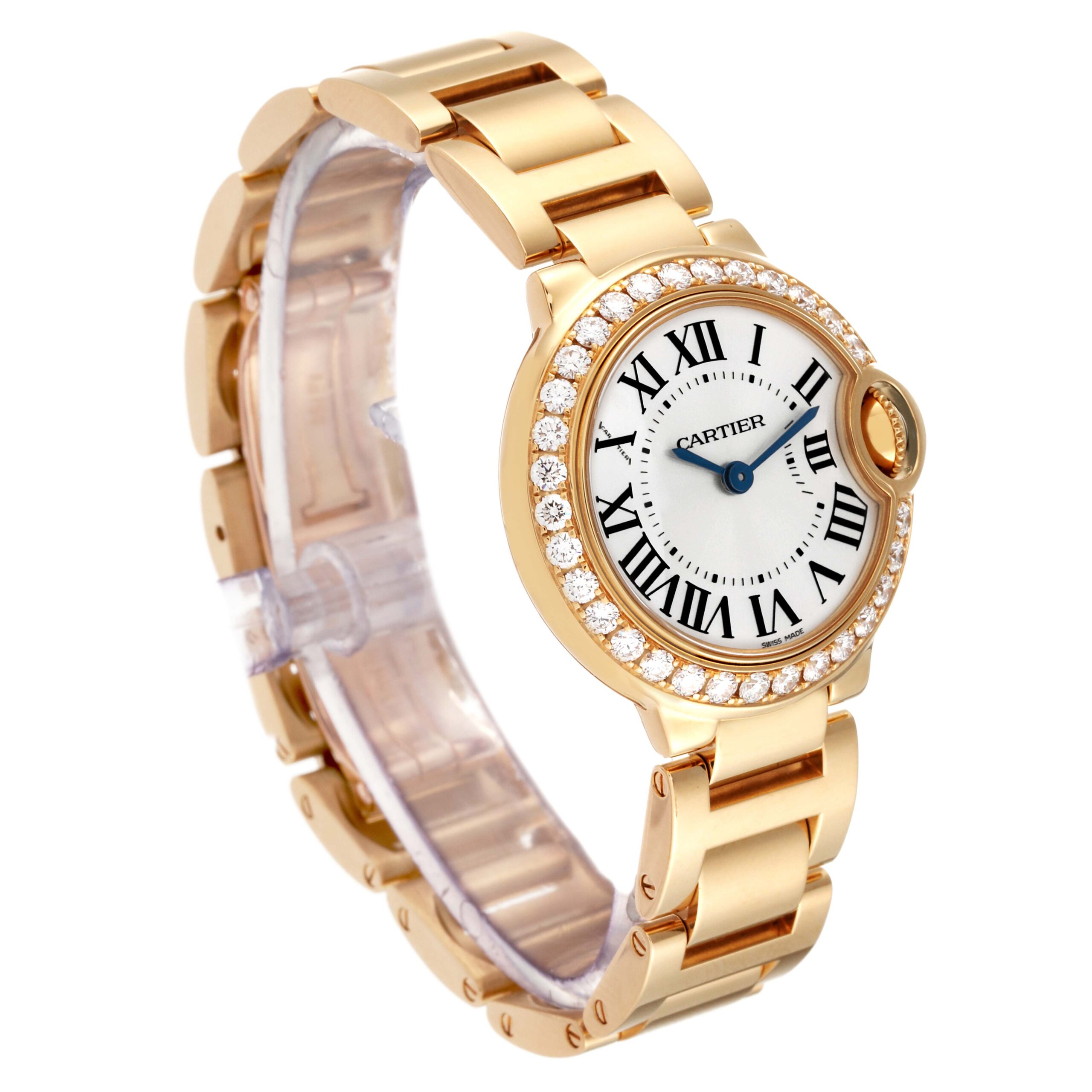 Cartier Ballon Bleu Yellow Gold Diamond Bezel Ladies Watch WE9001Z3 Box Papers